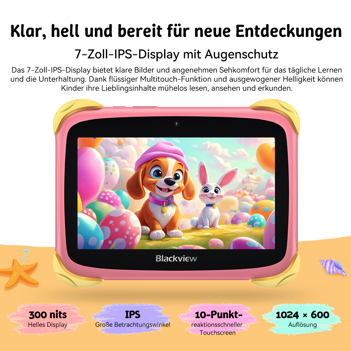 Ein rosa Tablet mit einem Hund und Kaninchen auf dem Bildschirm. Unten sind technische Daten.