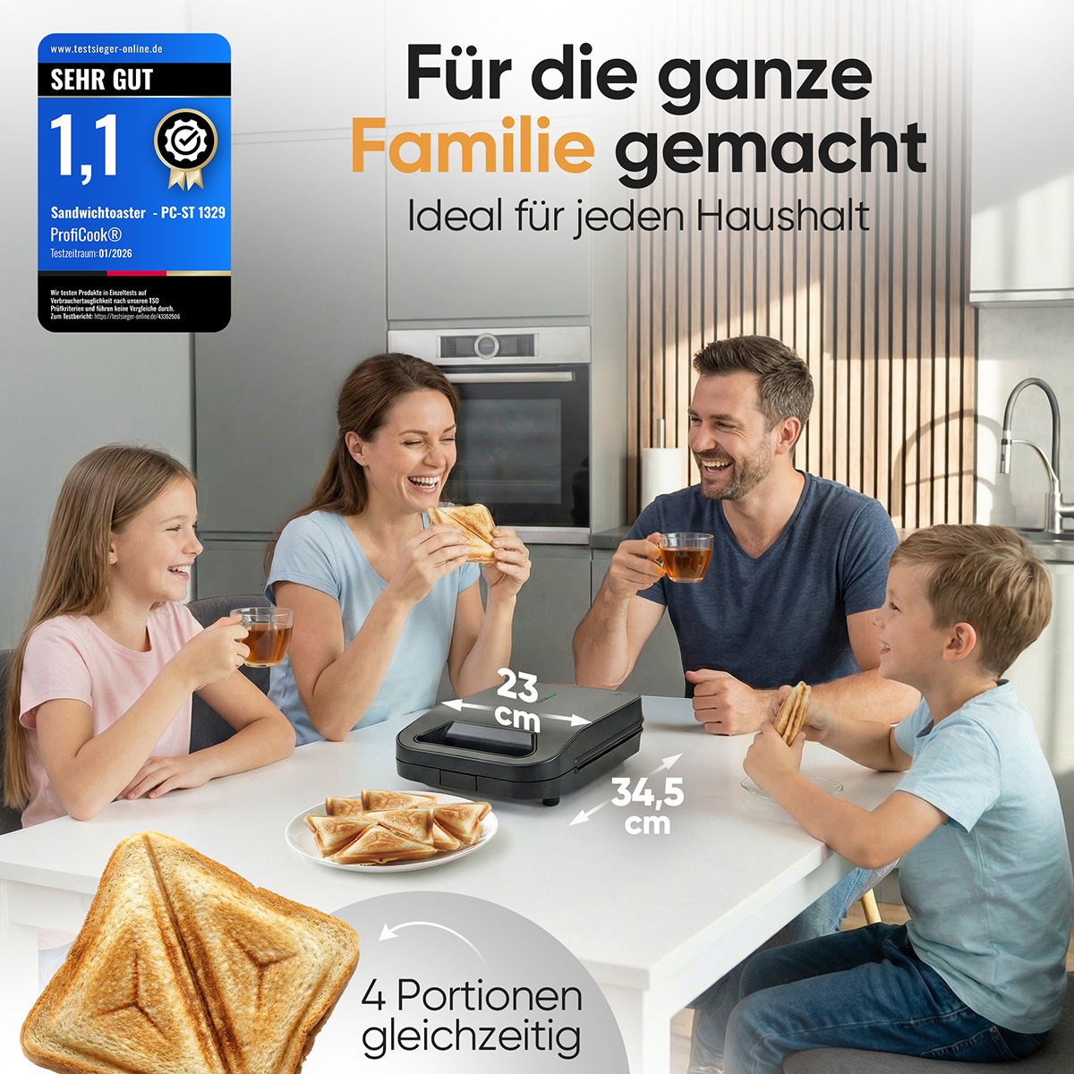 Una famiglia mangia sandwich a tavola con un tostapane.
