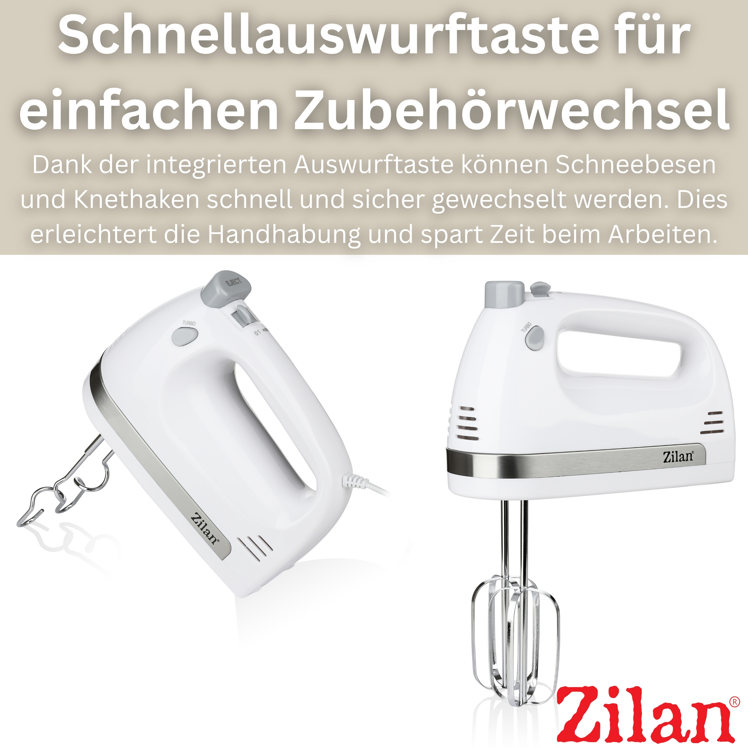 Zwei weiße Handmixer mit Rührbesen und Knethaken, Zilan-Logo.