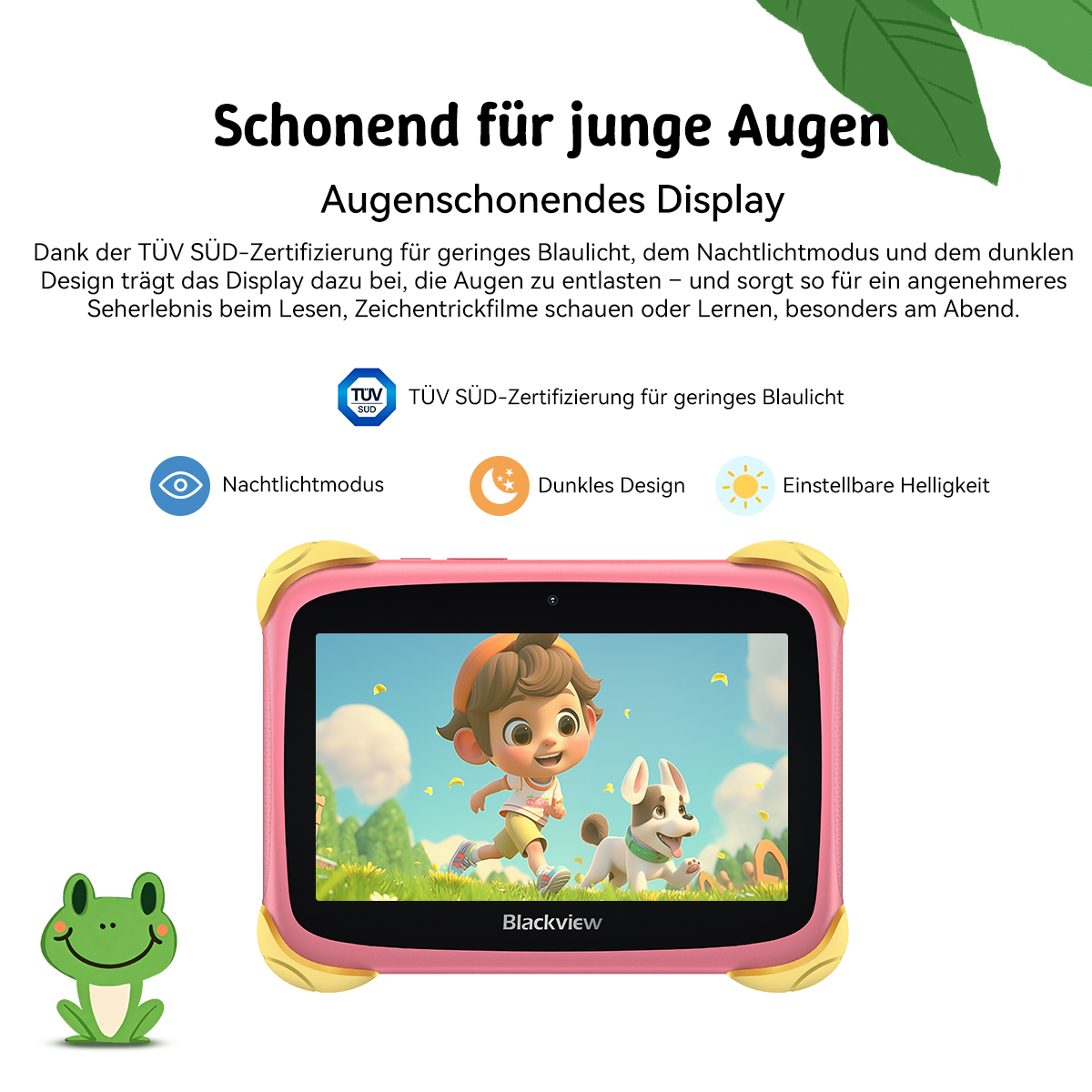 Ein rosa Tablet mit Cartoon-Bildschirm, Nachtlichtmodus, dunklem Design und Helligkeitseinstellung.