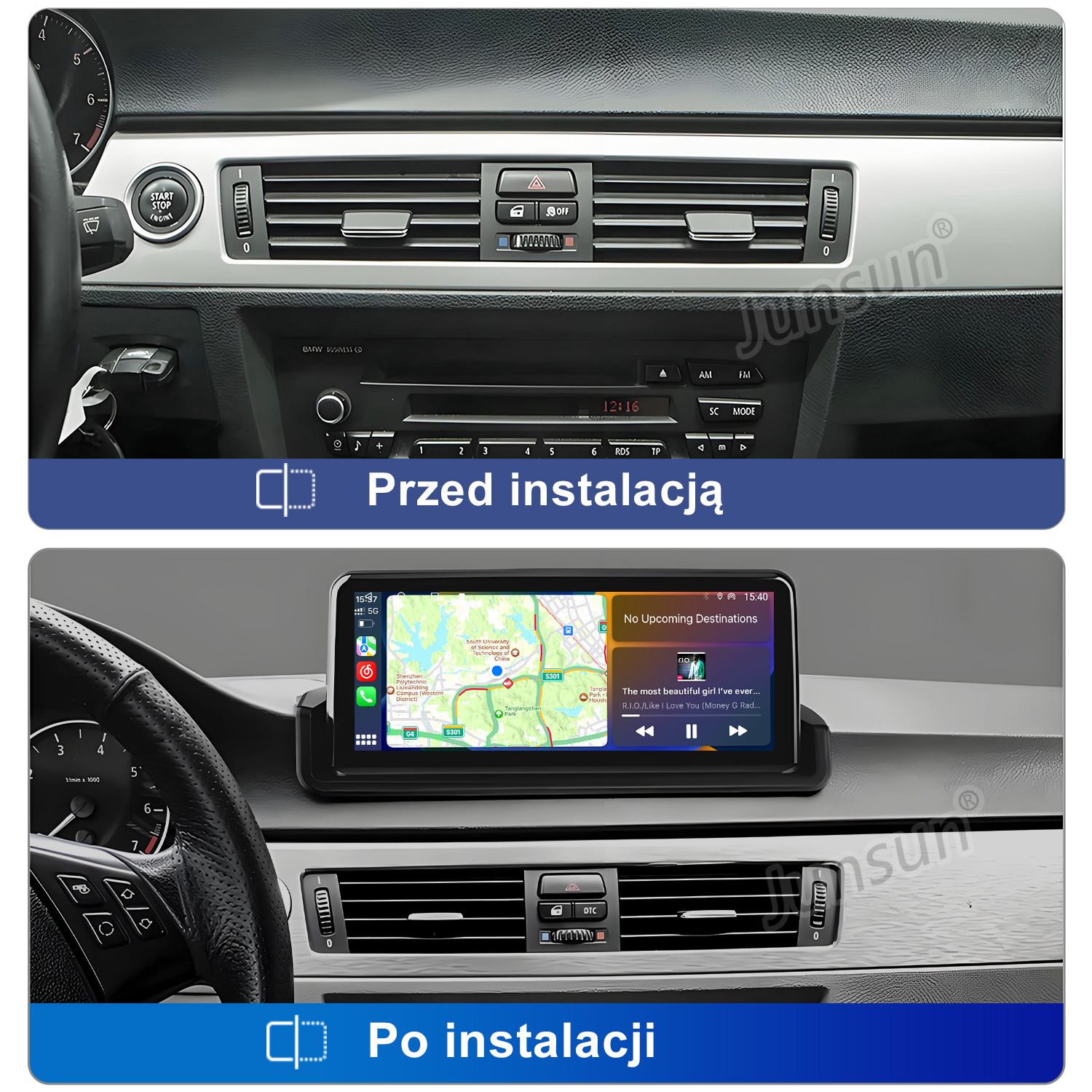 Przed: deska rozdzielcza BMW z nawiewami i radiem. Po: z systemem nawigacji dotykowej.