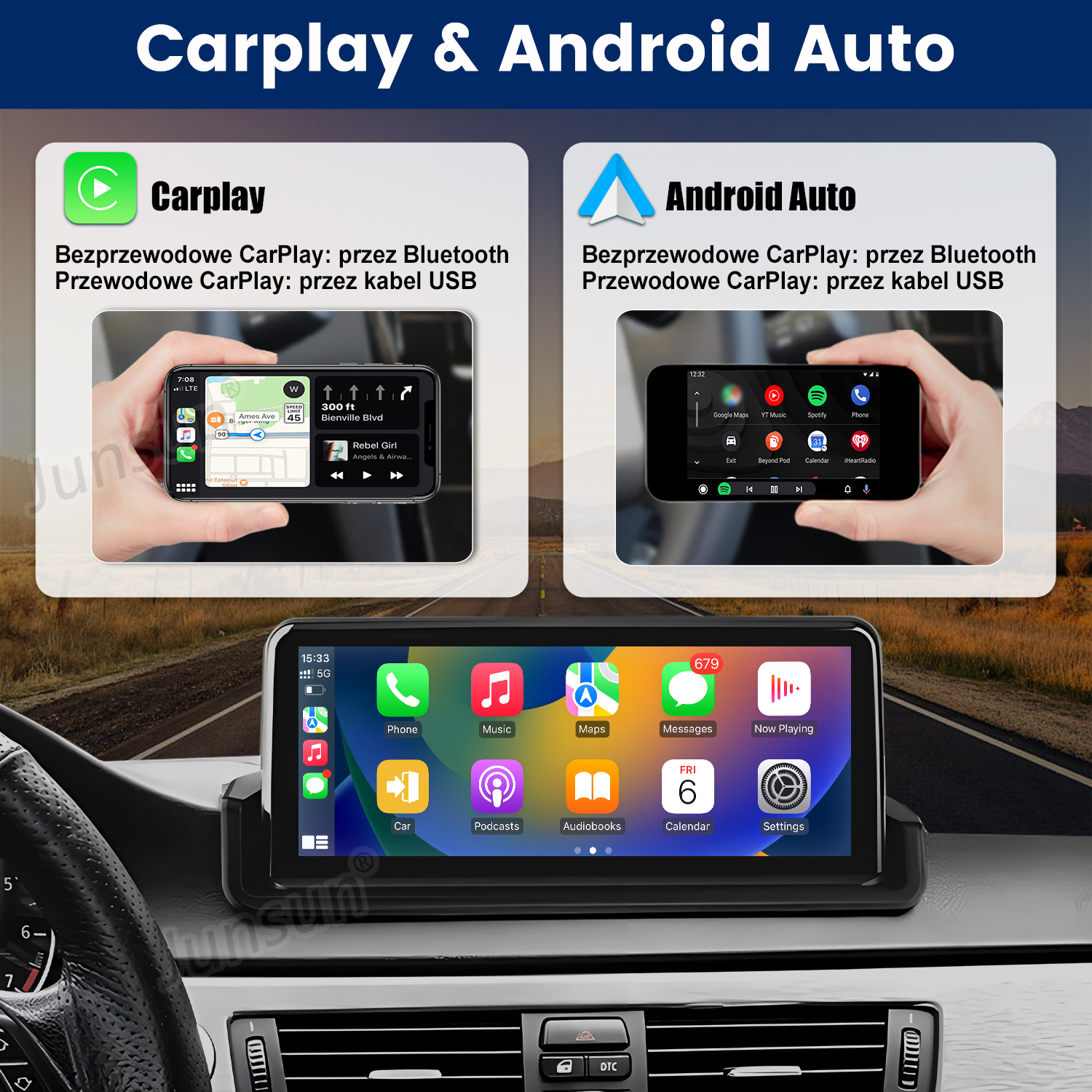 System infotainmentu samochodowego wyświetla CarPlay i Android Auto z aplikacjami.