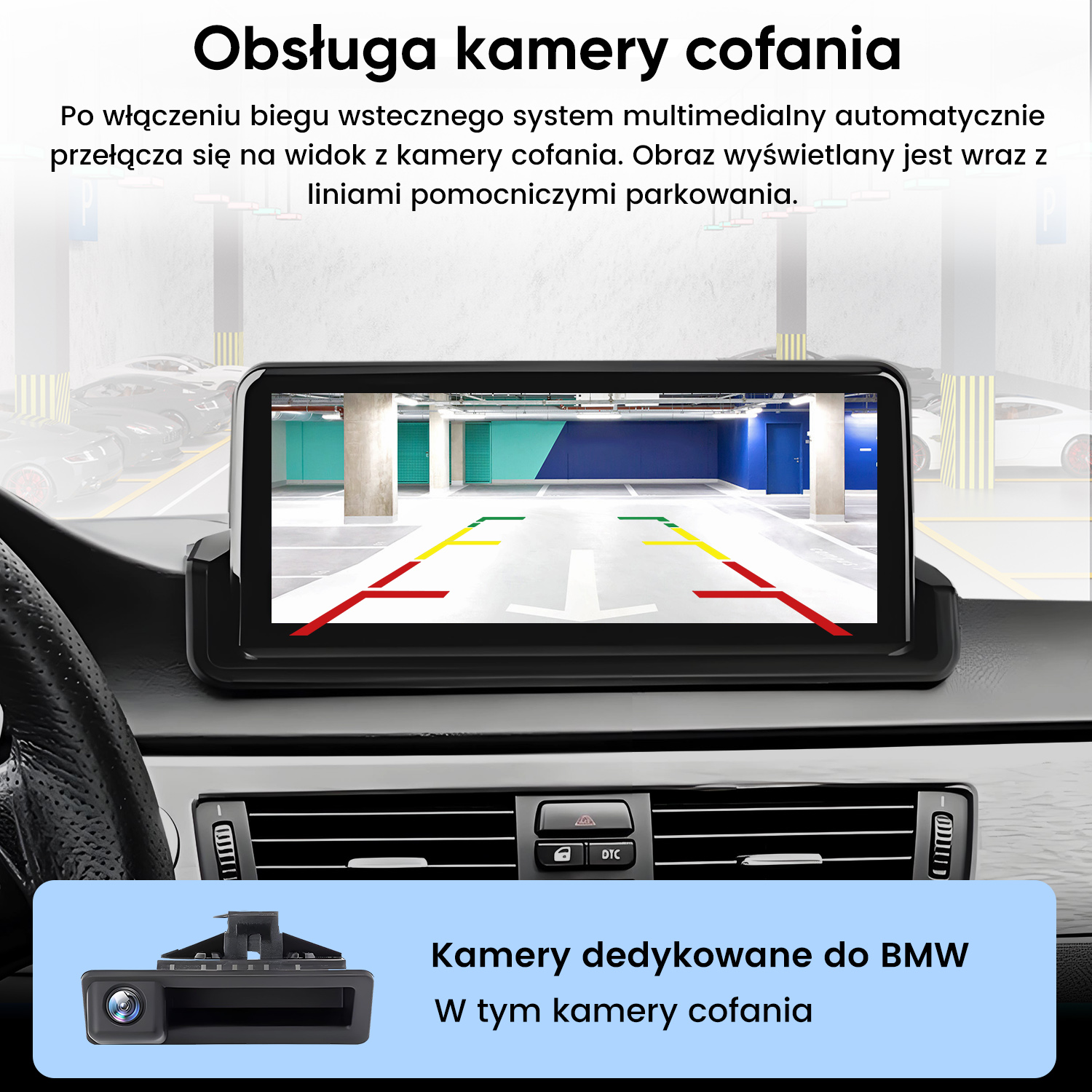Widok kamery cofania z liniami parkowania na ekranie multimedialnym samochodu.