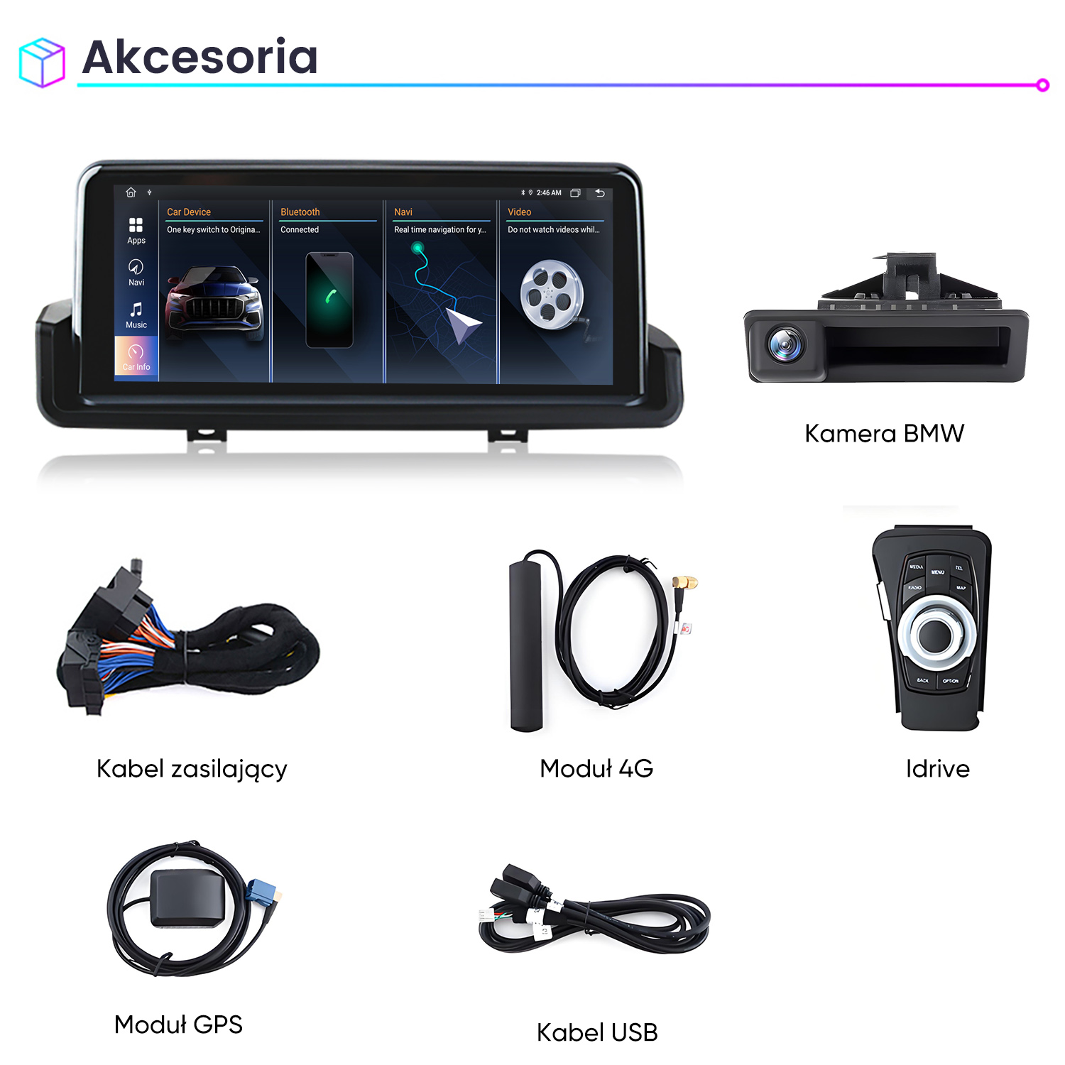 Akcesoria samochodowe: ekran, kamera, kable, moduł 4G, iDrive, GPS i USB.