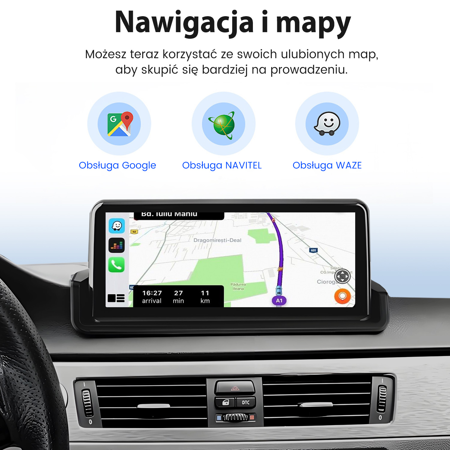 System nawigacji samochodowej wyświetlający ikony Google, Navitel, Waze i widok mapy.
