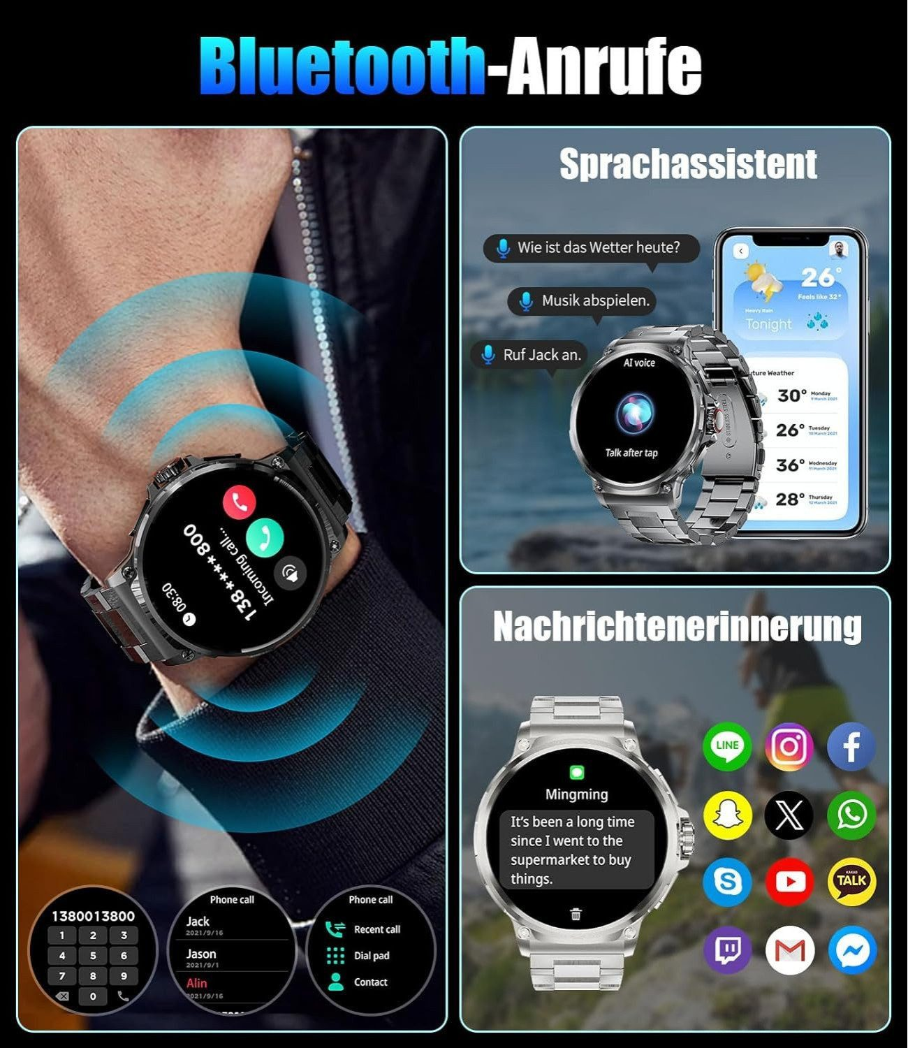Eine Smartwatch zeigt eingehende Anrufe, Sprachassistenten und Nachrichten an.