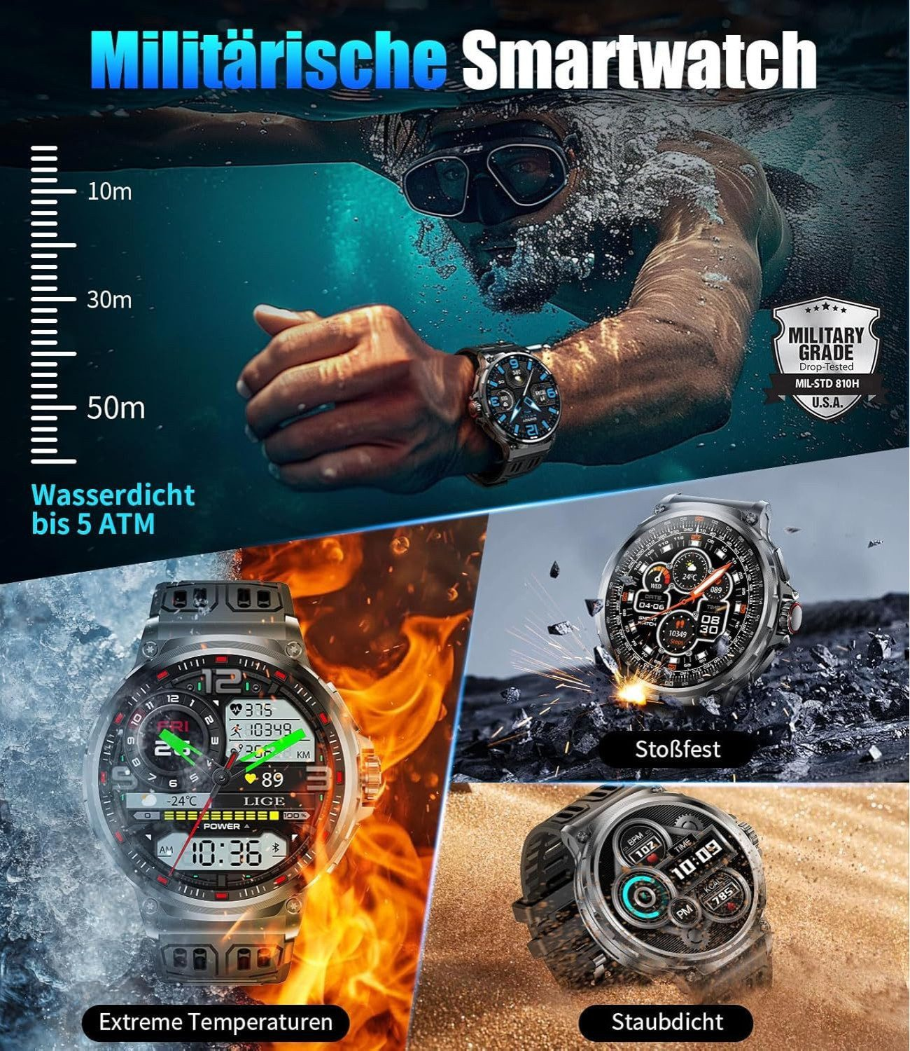 Militärische Smartwatch: Wasserdicht bis 5 ATM, extremen Temperaturen, stoßfest, staubdicht.