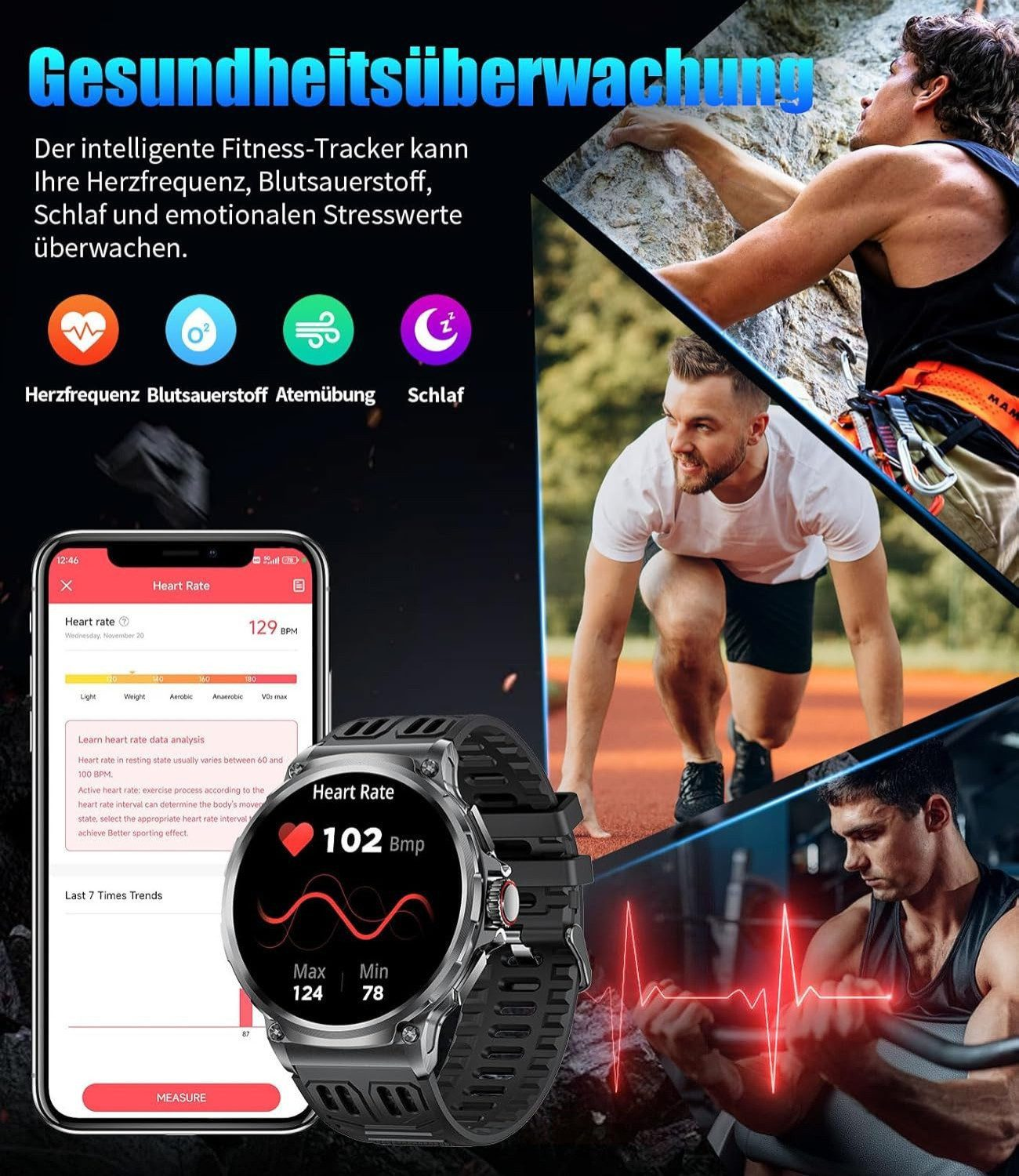 Fitness-Tracker zeigt Herzfrequenz, Blutsauerstoff, Schlaf.