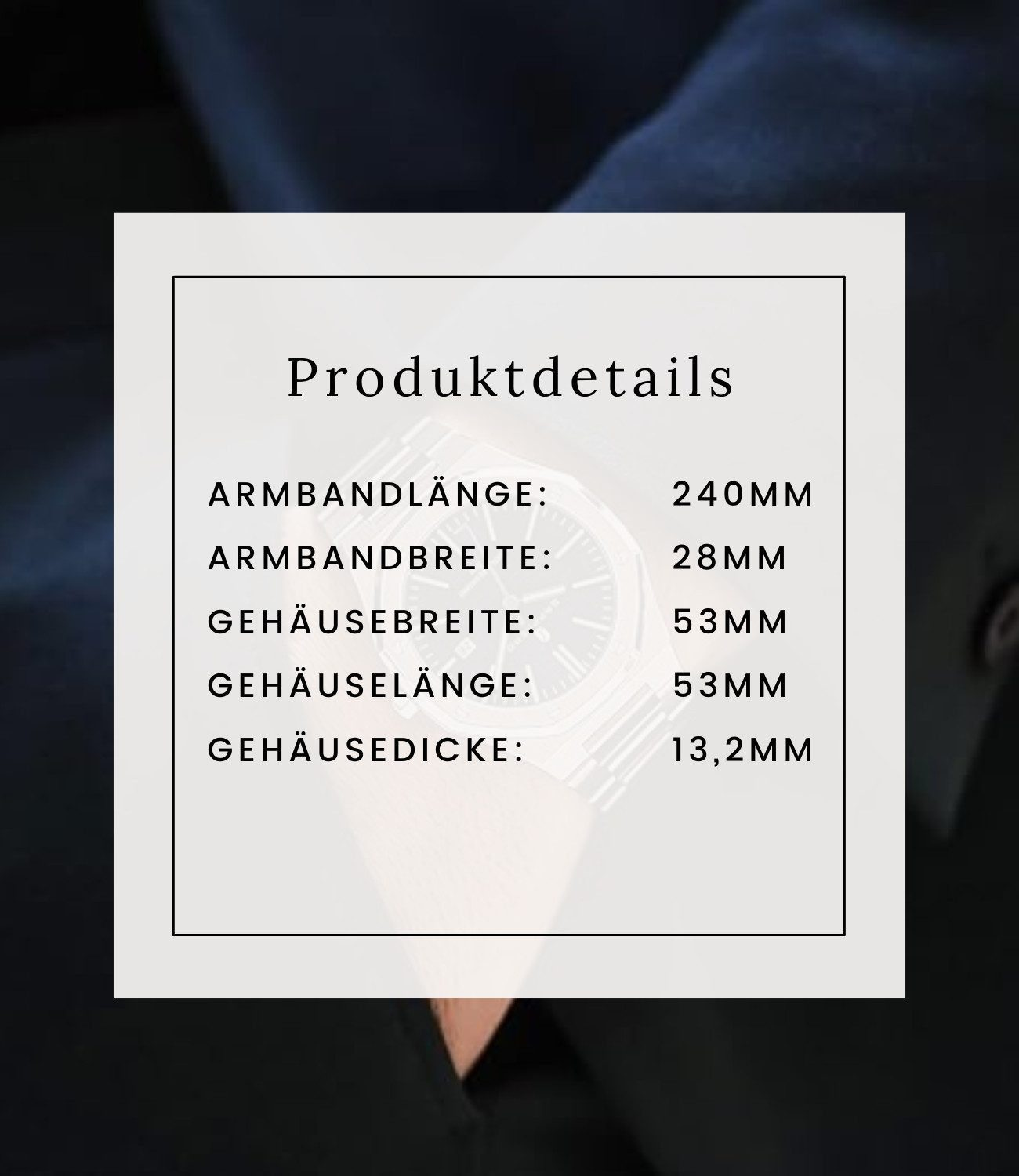 Produktdetails: Armbandlänge 240mm, Breite 28mm, Gehäuse 53x53x13.2mm.