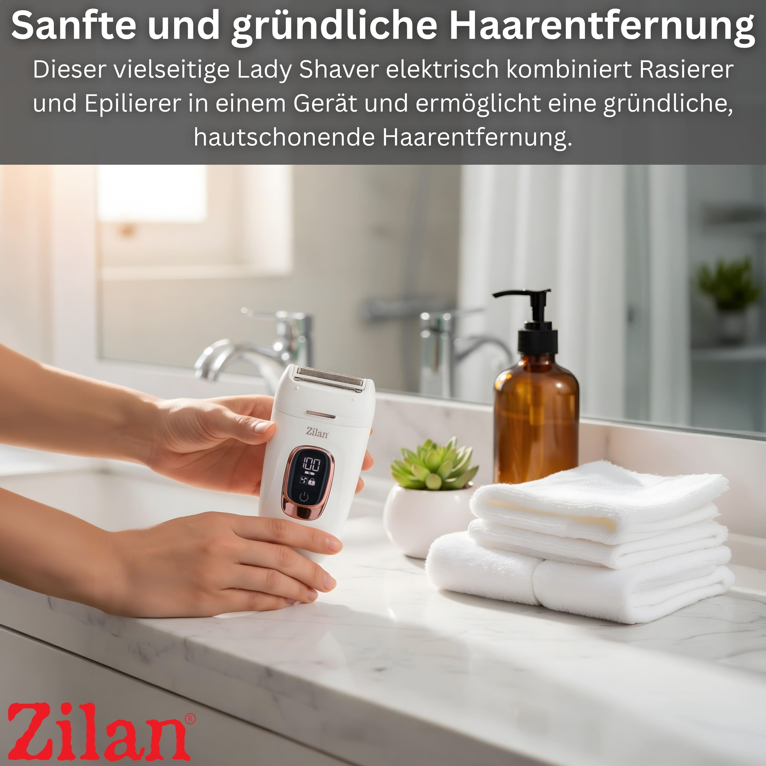Eine weiße elektrische Damenrasierer mit roséfarbenen Akzenten liegt in einer Hand.