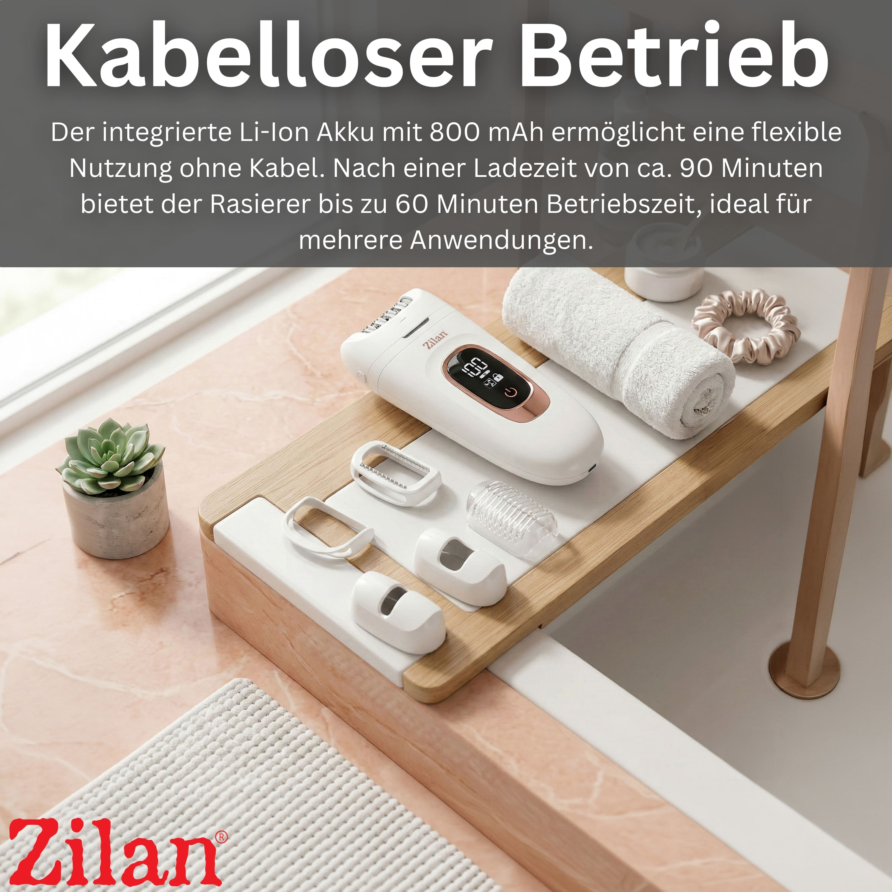 Ein weißer Zilan Epilierer mit Aufsätzen, Handtuch und Scrunchie auf einem Tisch.