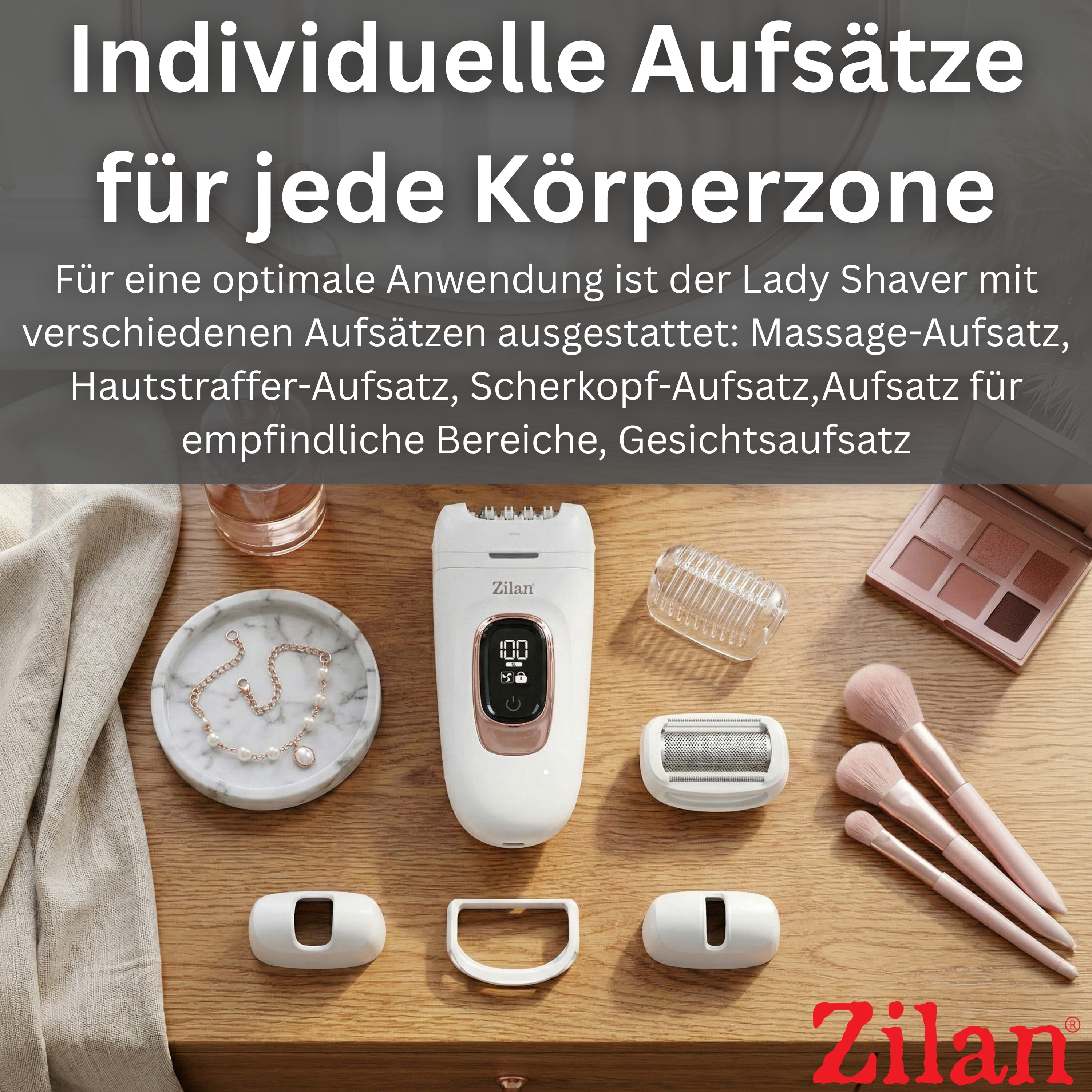 Ein weißer Lady Shaver mit Zubehör, darunter Aufsätze, Make-up Pinsel und eine Palette.