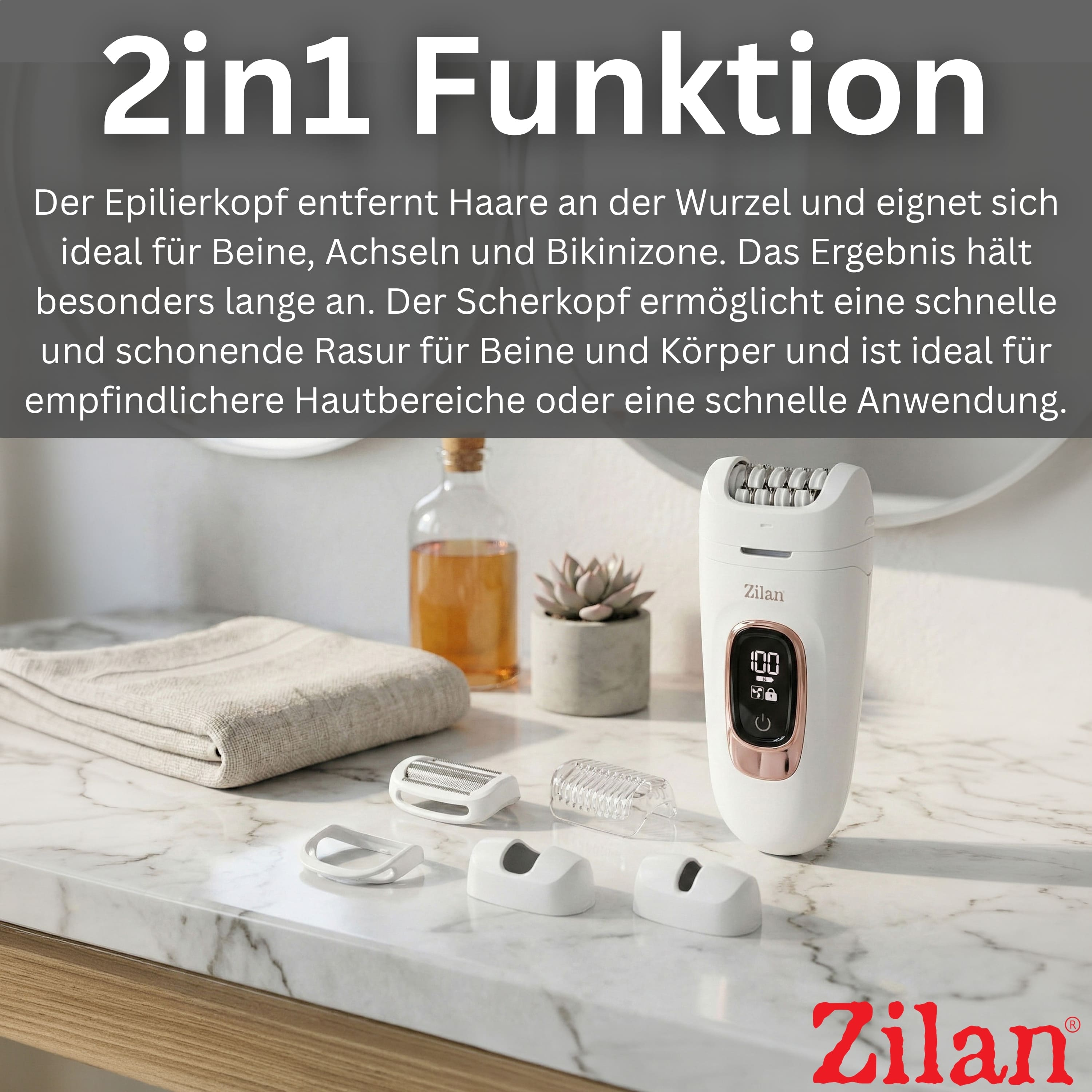 Ein weißer Epilierer mit Display und Zubehör auf Marmor.