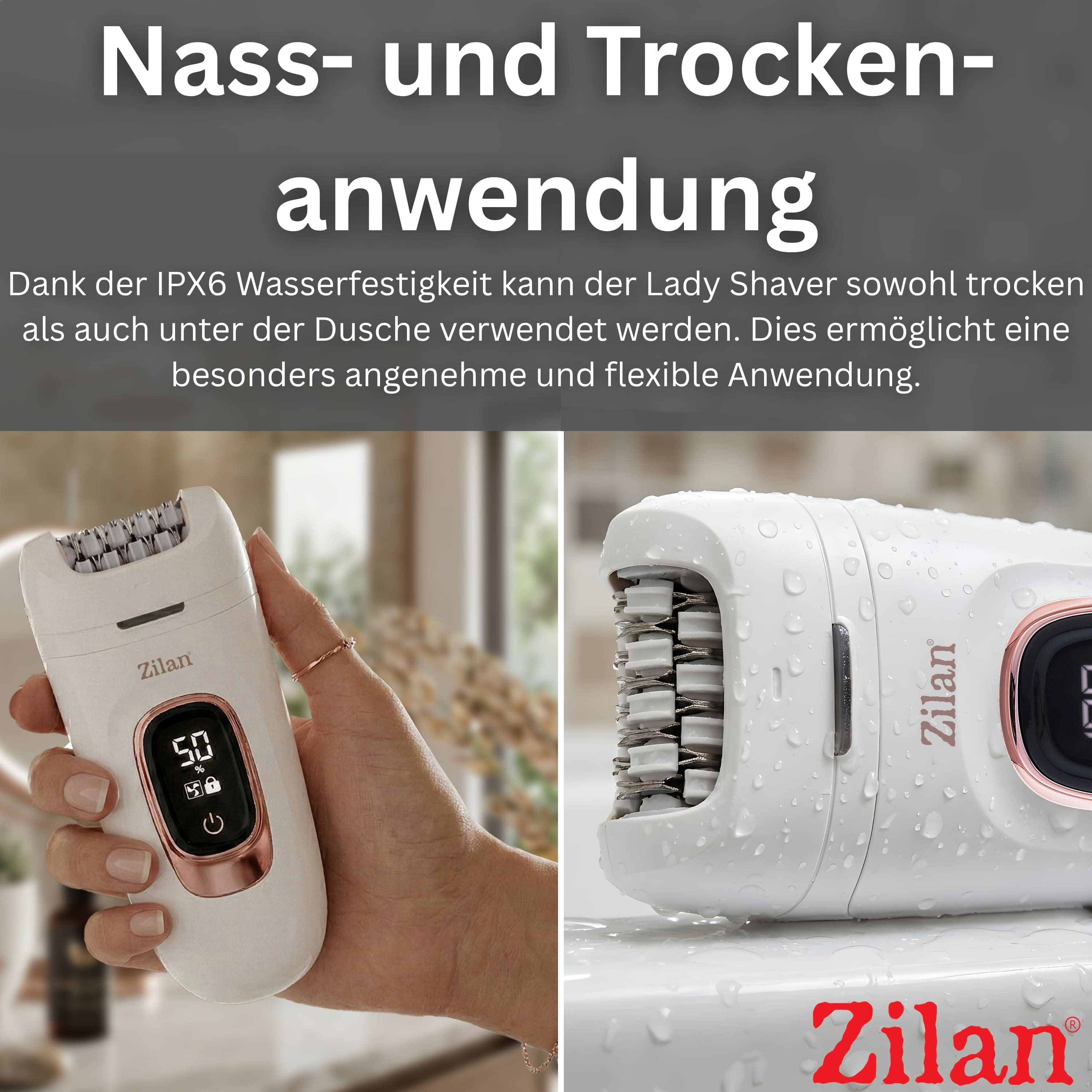 Weiße Lady Shaver mit digitaler Anzeige, nass und trocken verwendbar.