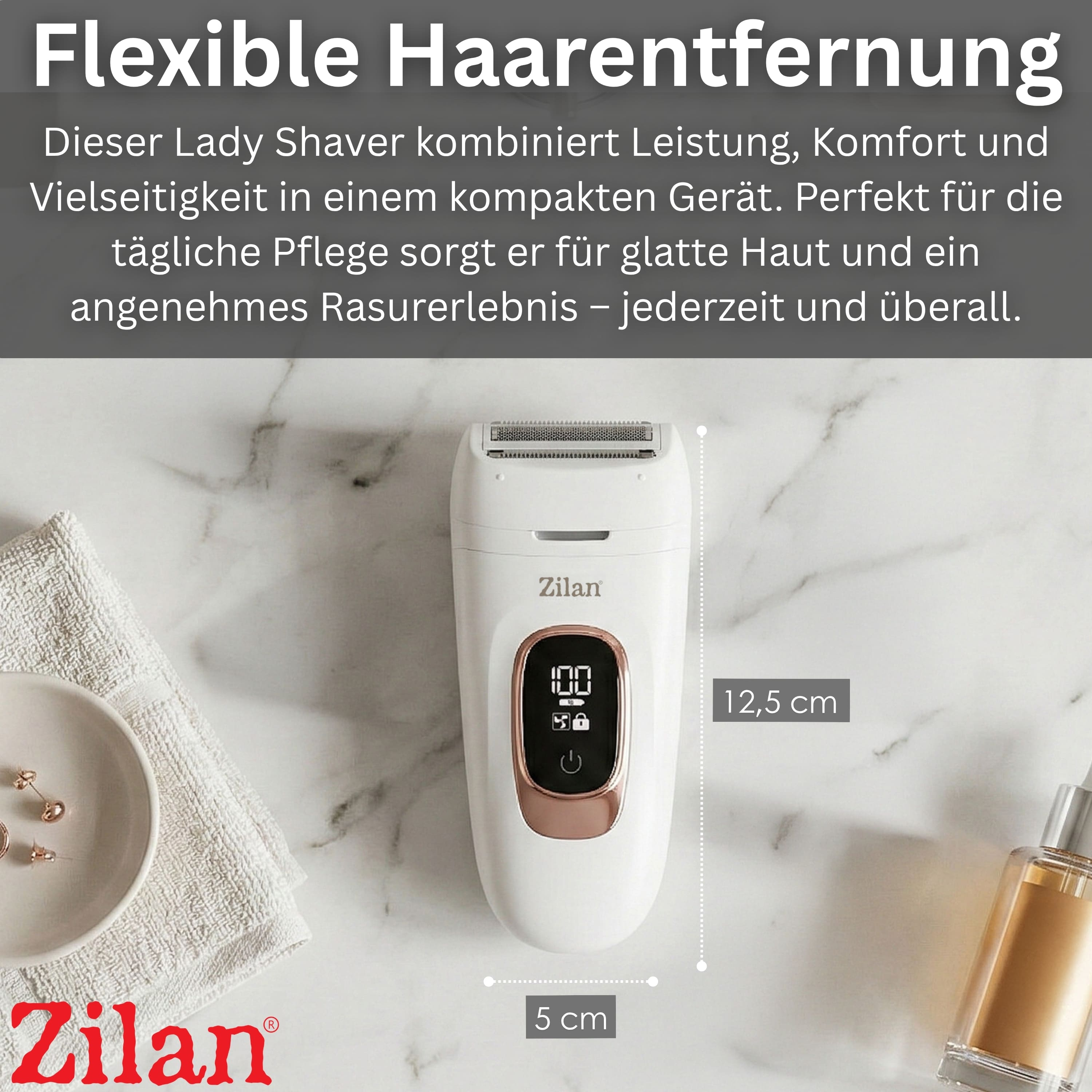 Ein weißer Zilan Damenrasierer mit digitalen Anzeigen, neben Handtuch und Schmuck.
