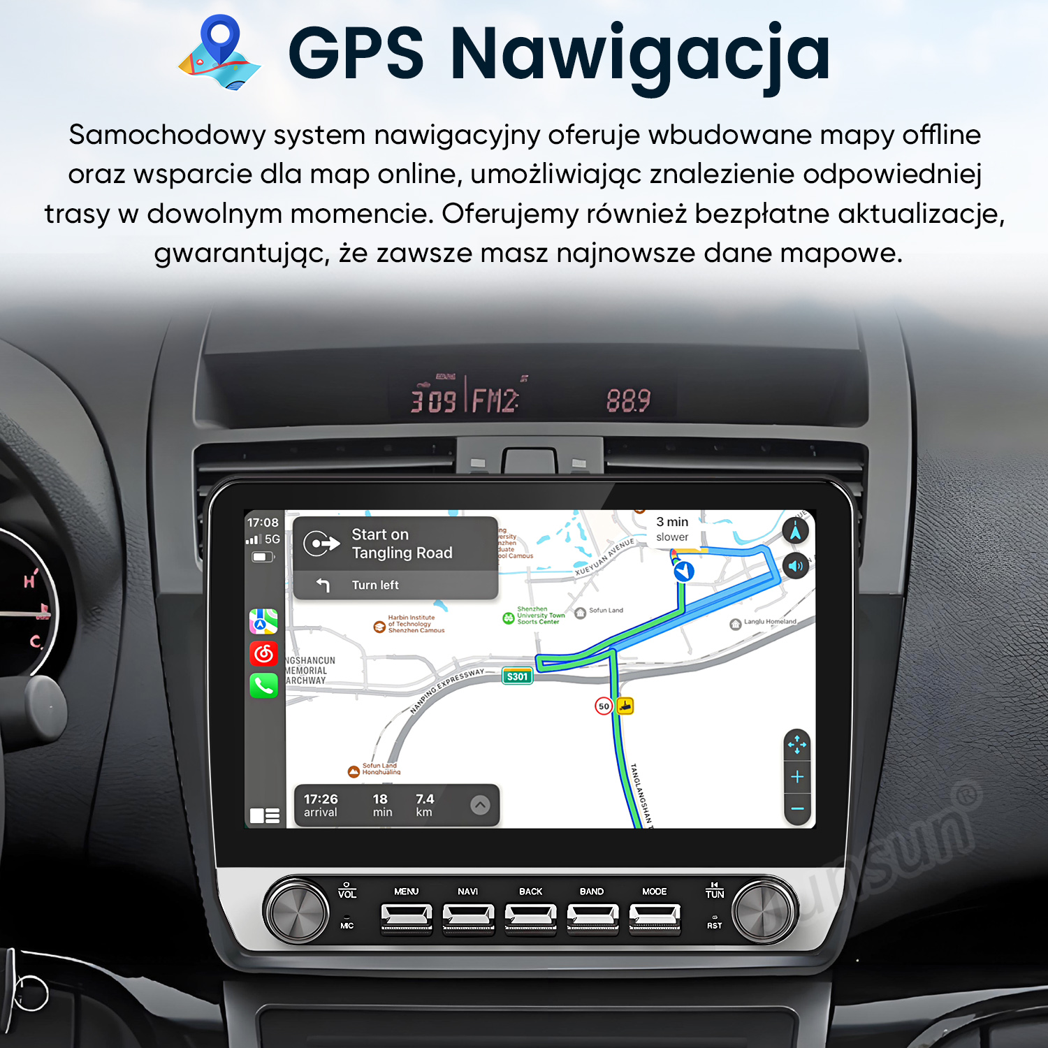 Deska rozdzielcza samochodu z ekranem nawigacji GPS pokazującym trasę.