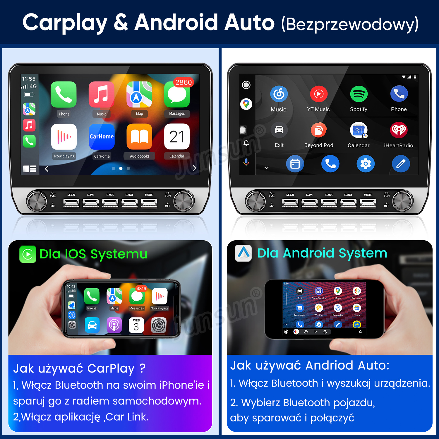 Cztery ekrany: 2 systemy infotainment auta, 2 ekrany smartfonów CarPlay/Android Auto.