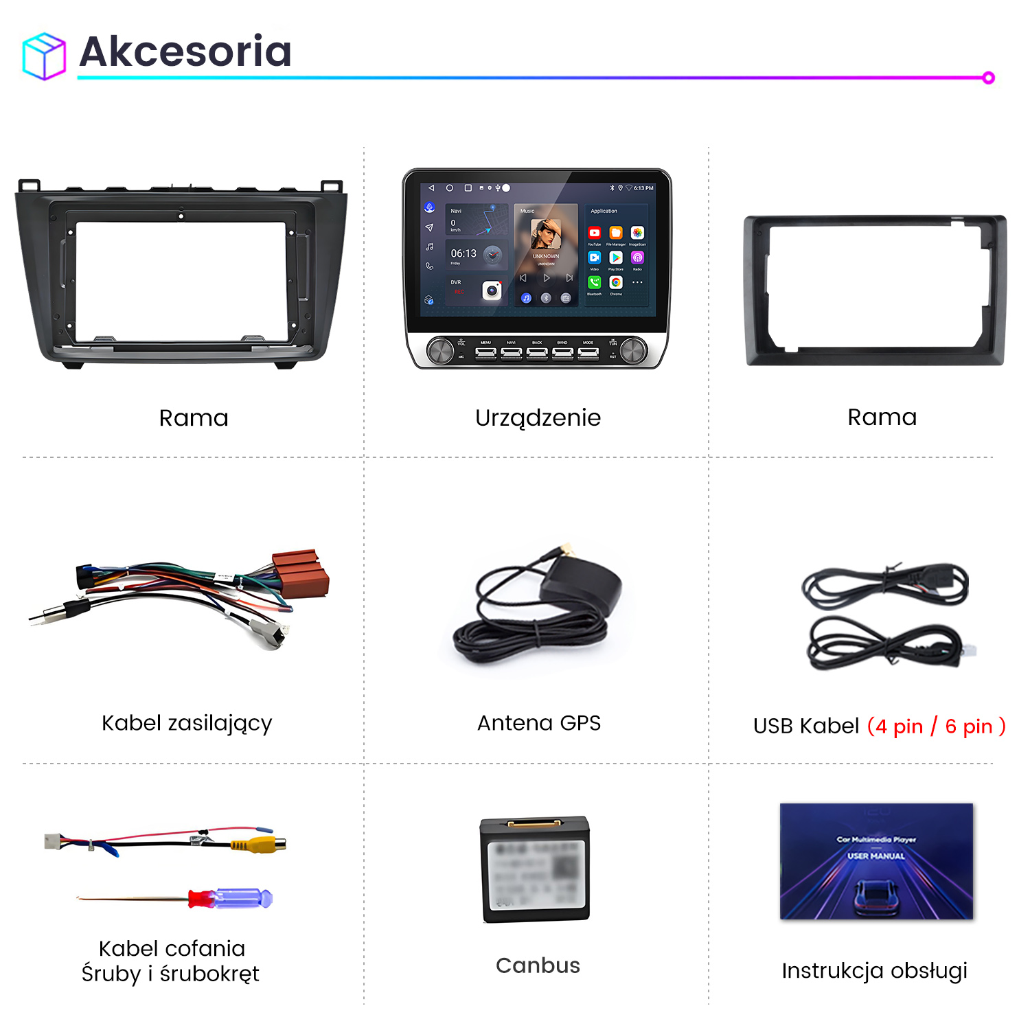 Akcesoria samochodowe: rama, urządzenie, kable, antena, USB, Canbus i instrukcja.