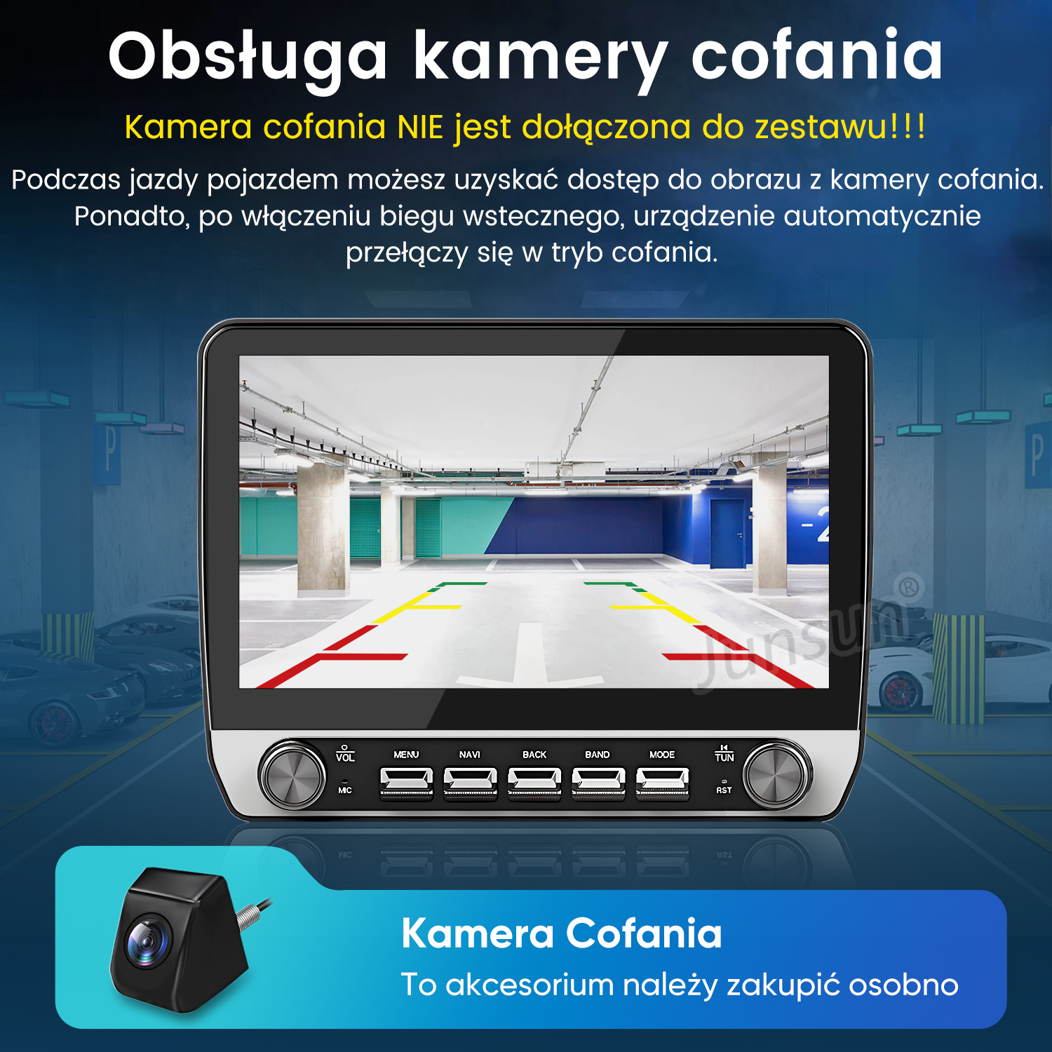 Radio samochodowe wyświetla widok z kamery cofania parkingu. Przedstawiono osobną kamerę.