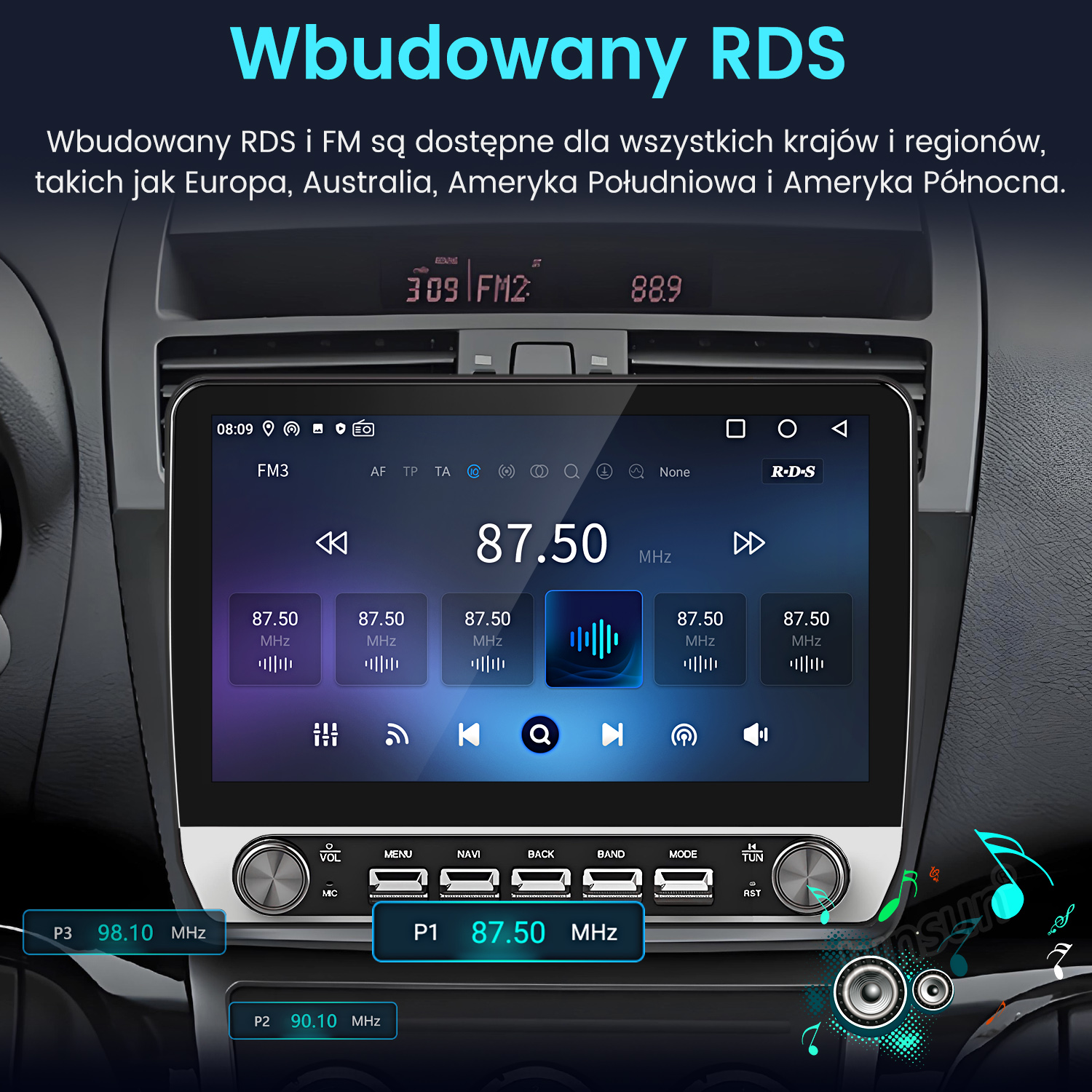 Radio samochodowe wyświetla funkcję RDS, stację FM 87.50 MHz.