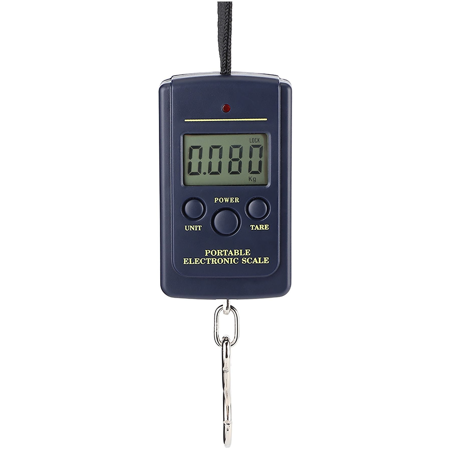 Eine dunkelblaue digitale Waage mit einem Display, das 0,080 kg anzeigt.