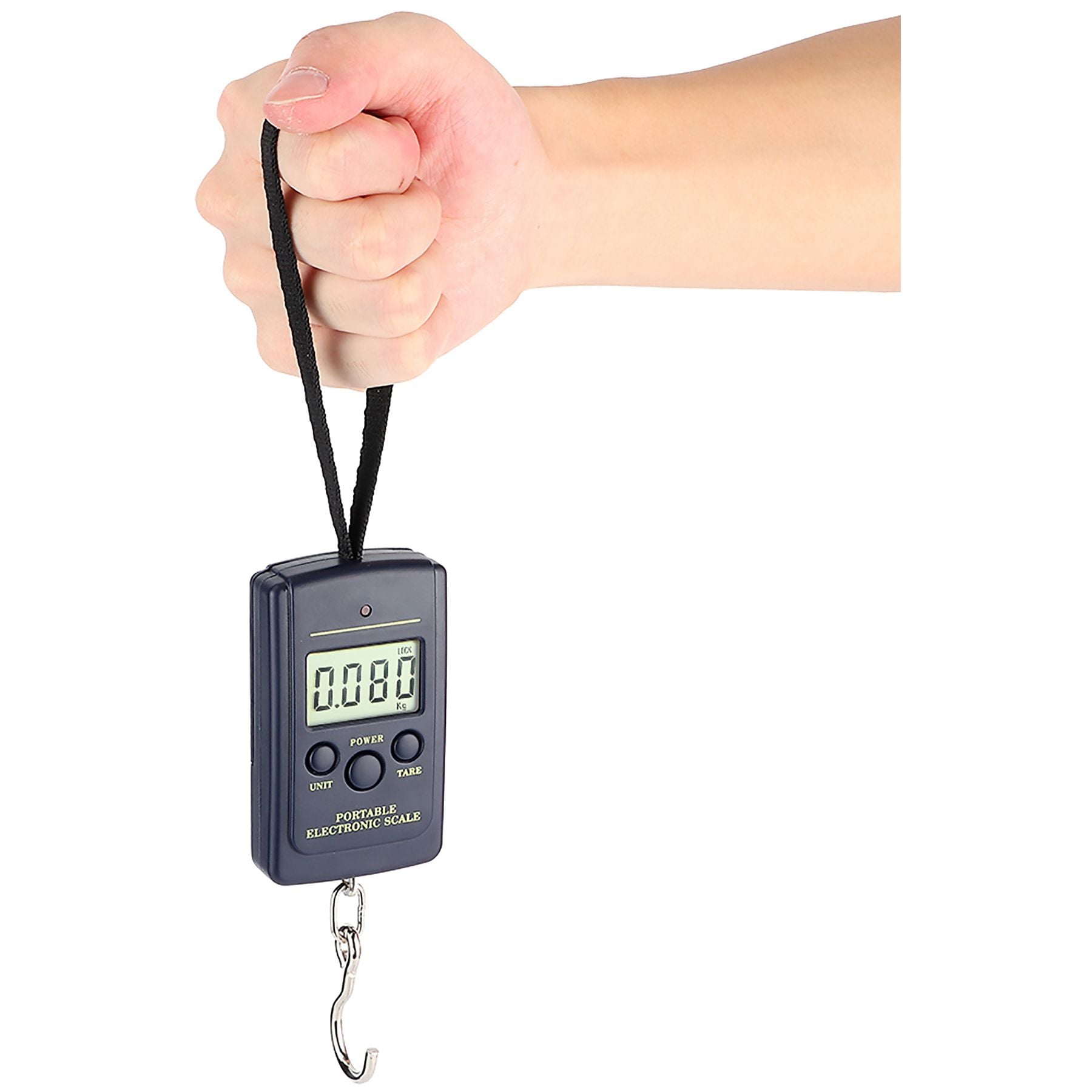 Eine Hand hält eine dunkle digitale Waage, die 0,080 kg anzeigt.