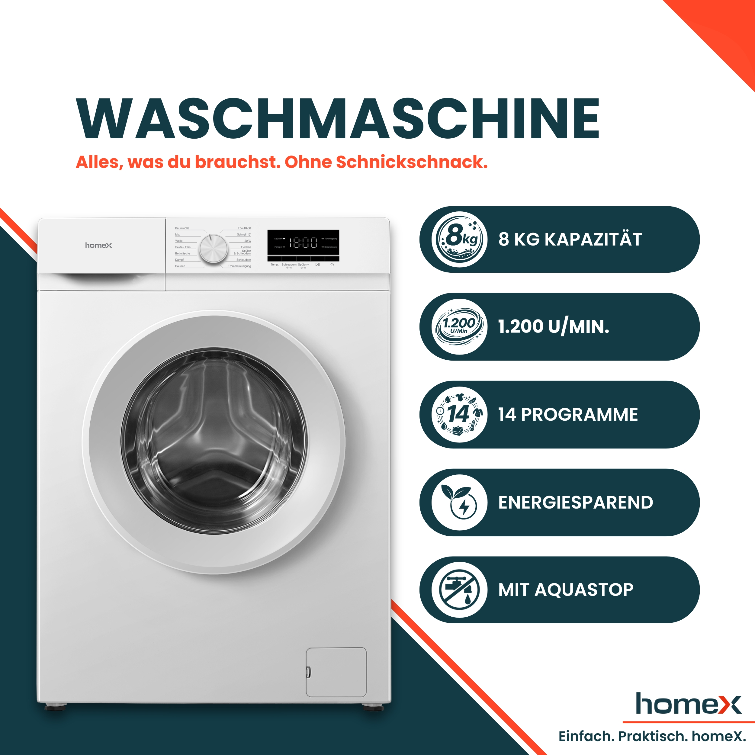 Eine weiße Homex Waschmaschine mit Bedienfeld und verschiedenen Programmen.