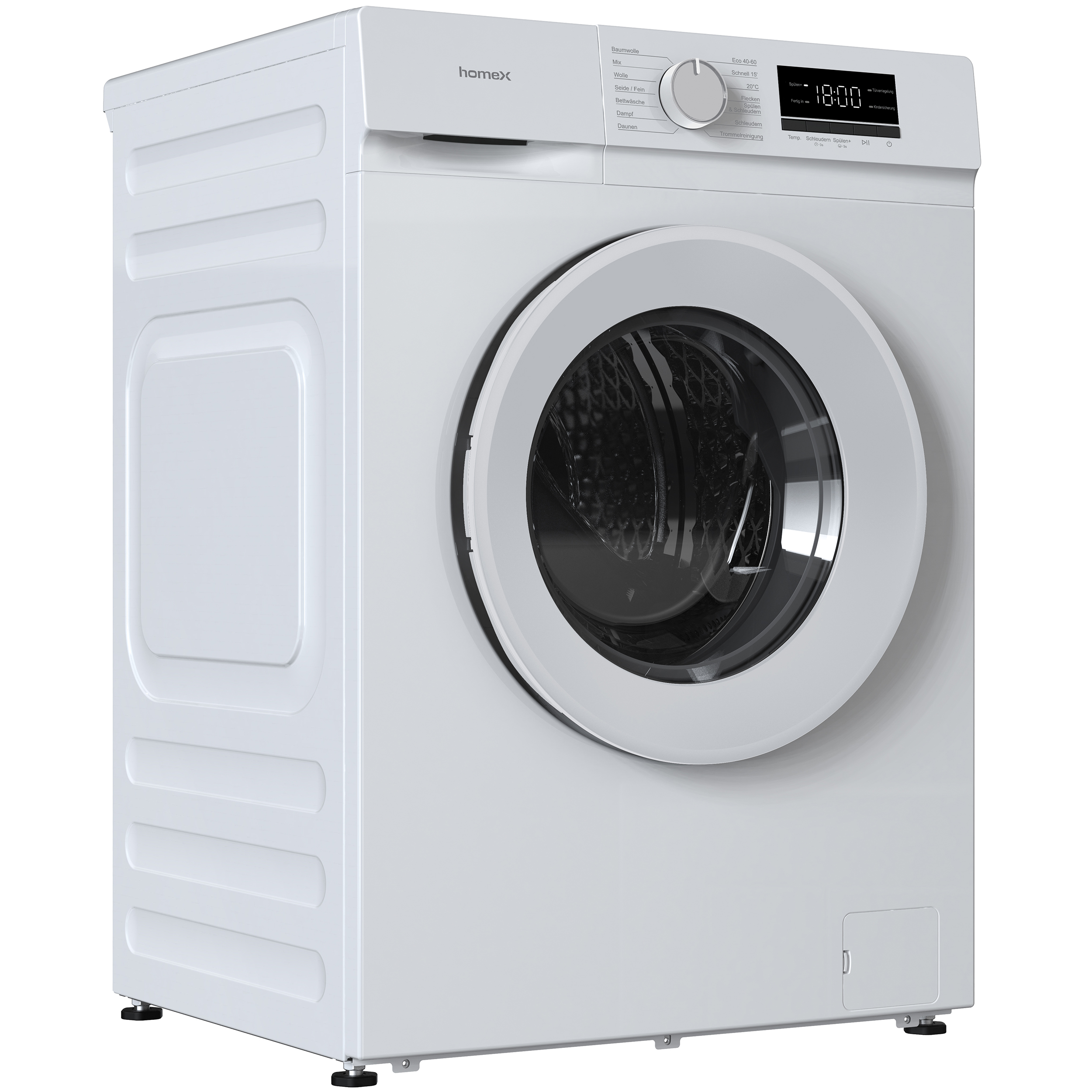 Eine weiße Waschmaschine von Homex mit digitalem Display und runder Tür.