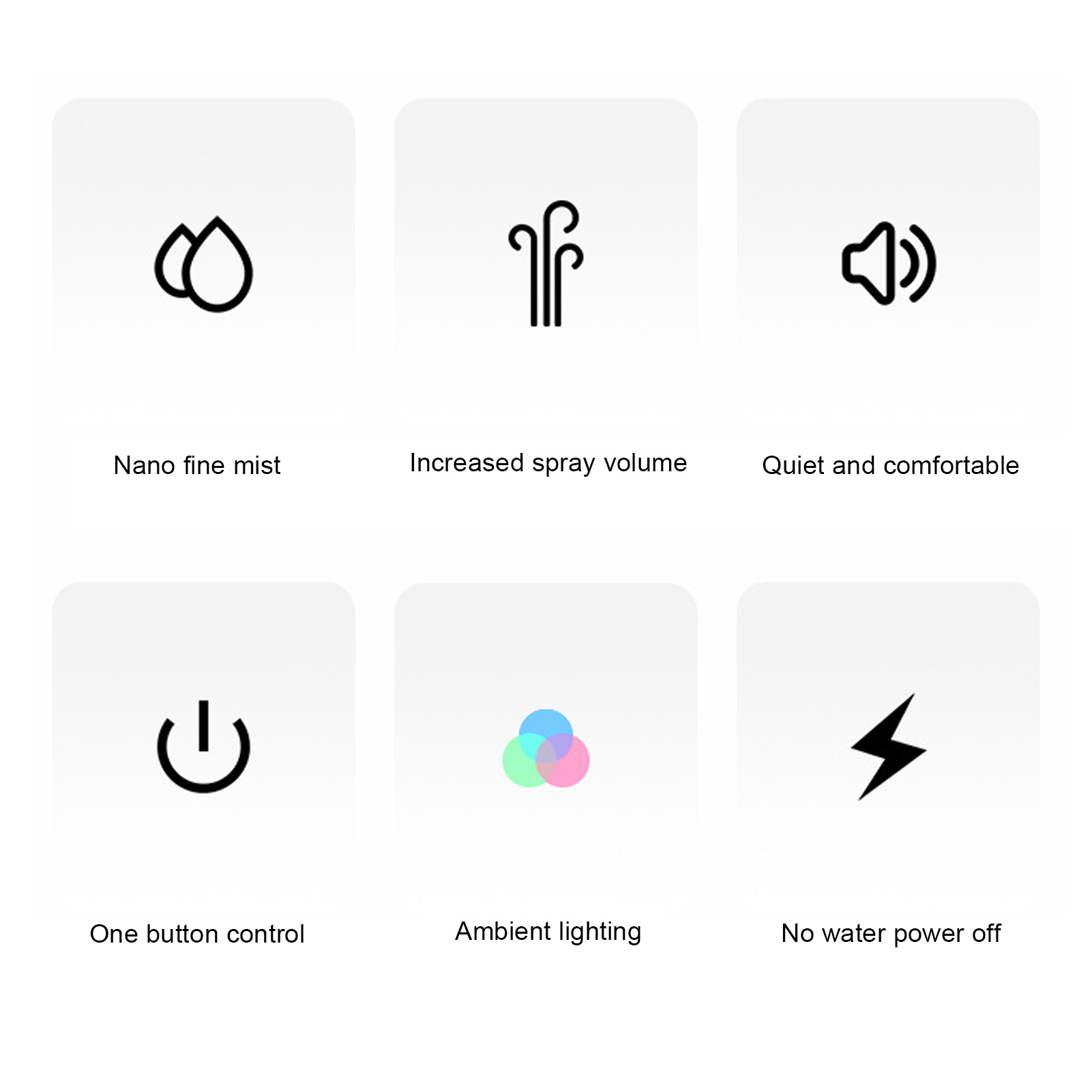 Icons: Nano-Feinnebel, erhöhte Sprühmenge, leise, Ein-Knopf-Bedienung, Umgebungslicht, kein Wasser-Abschaltung