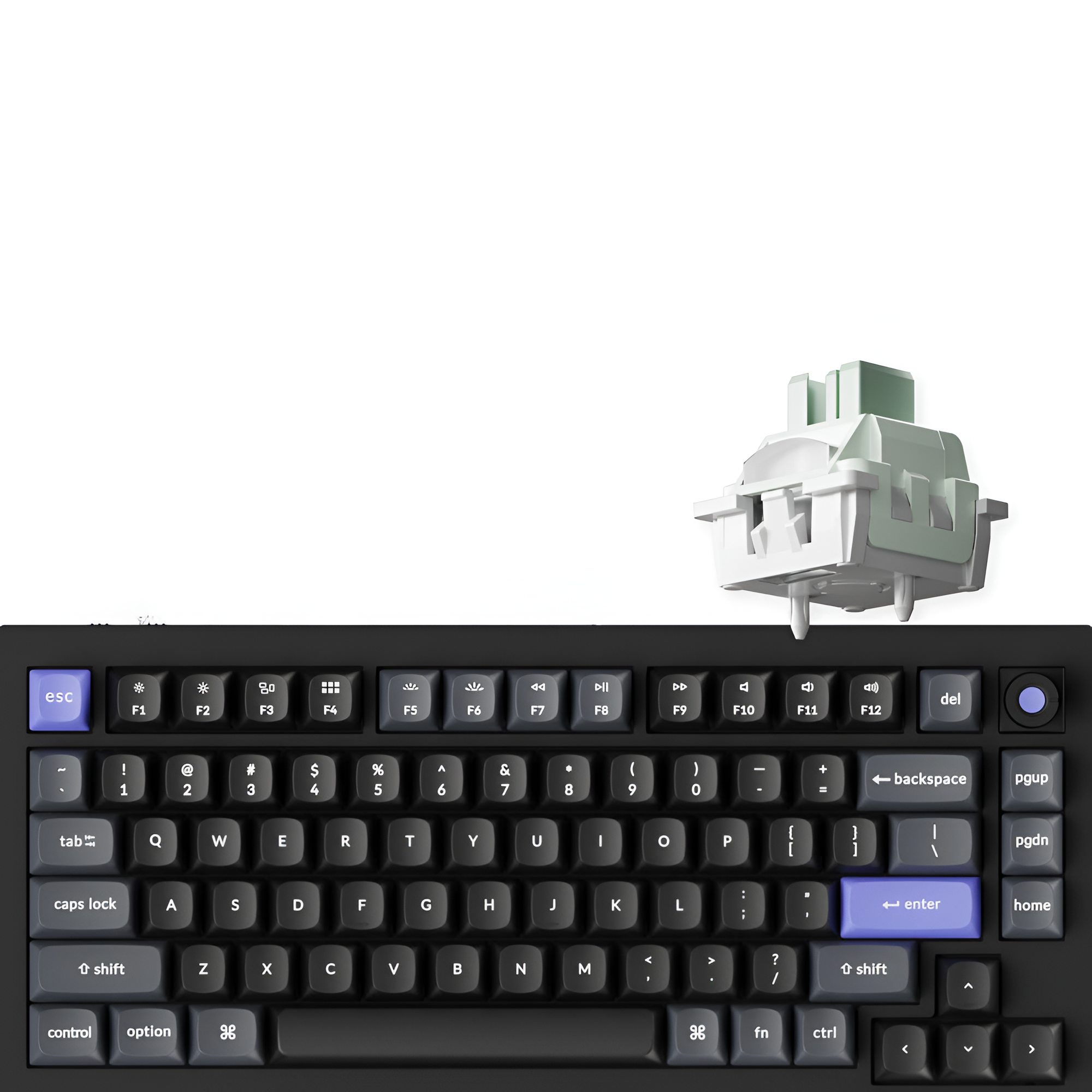 Klawiatura z zbliżeniem zielonego mechanicznego klawisza i szarej klawiatury.