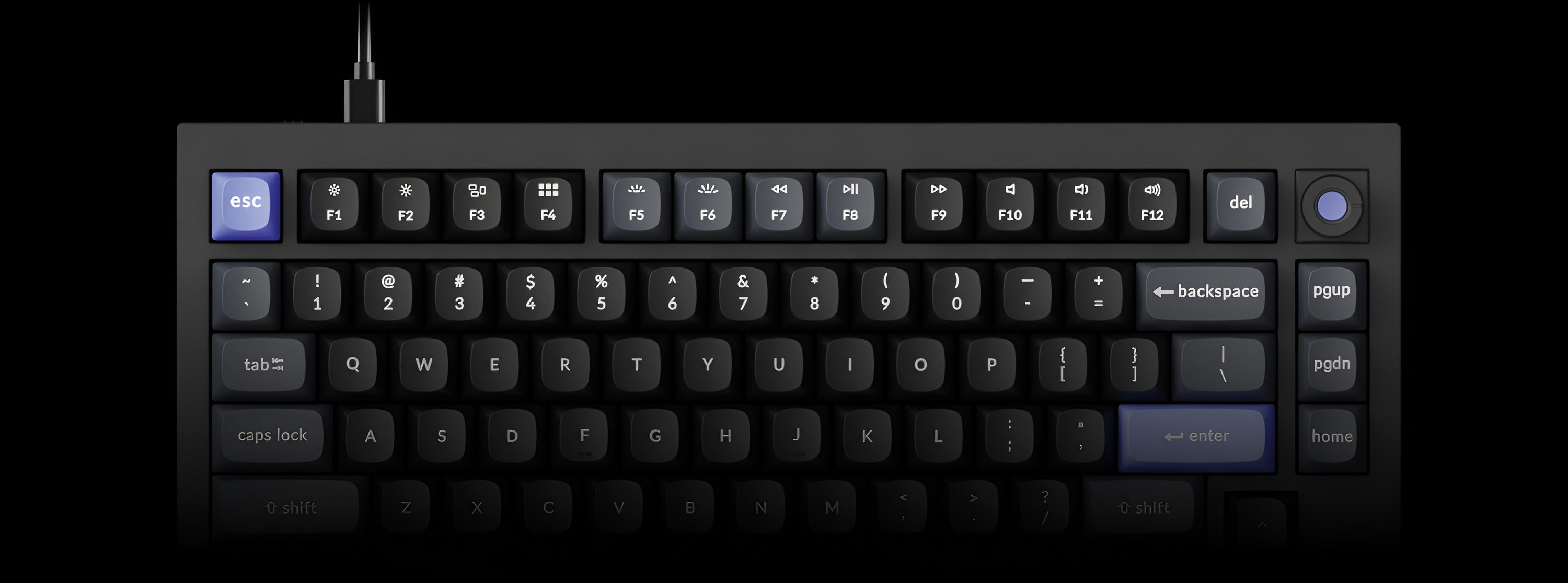 Ciemnoszara klawiatura mechaniczna z niebieskim klawiszem esc i enter.