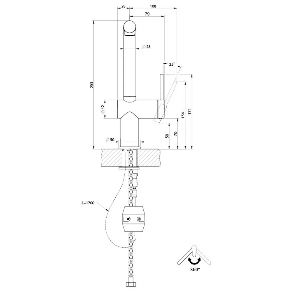 Disegno tecnico di un rubinetto con dimensioni e simbolo a 360 gradi.