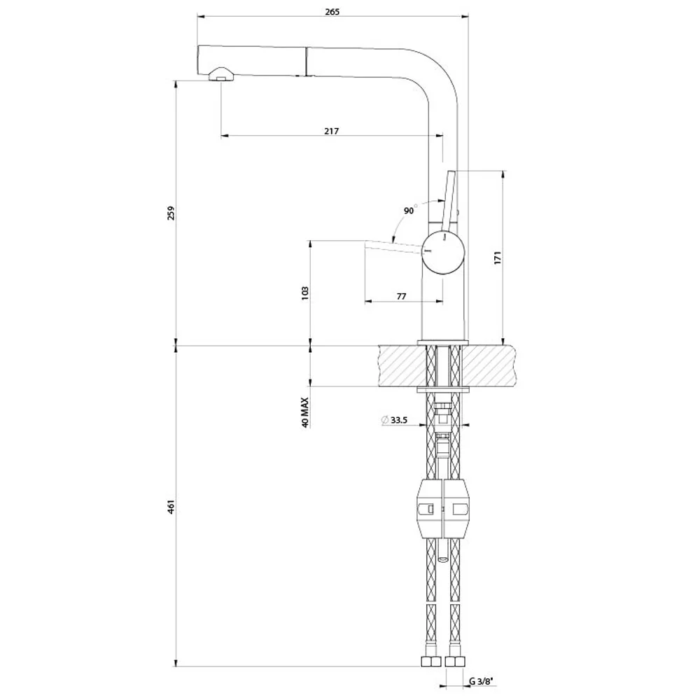 Disegno tecnico di un rubinetto con dimensioni e dettagli.