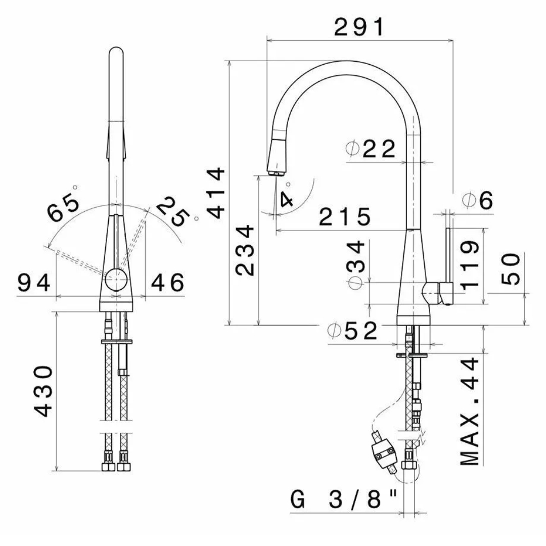 Disegno tecnico di un rubinetto con dimensioni e angoli.