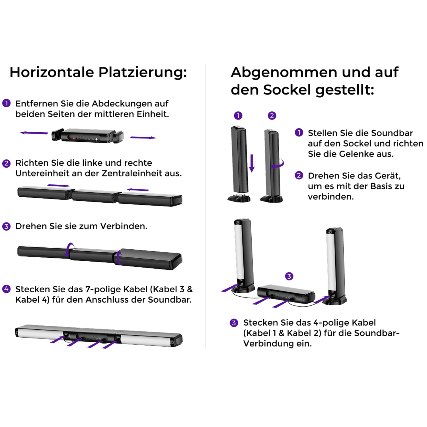 Anleitung zur Montage einer Soundbar in horizontaler und vertikaler Ausrichtung mit Kabelverbindungen.