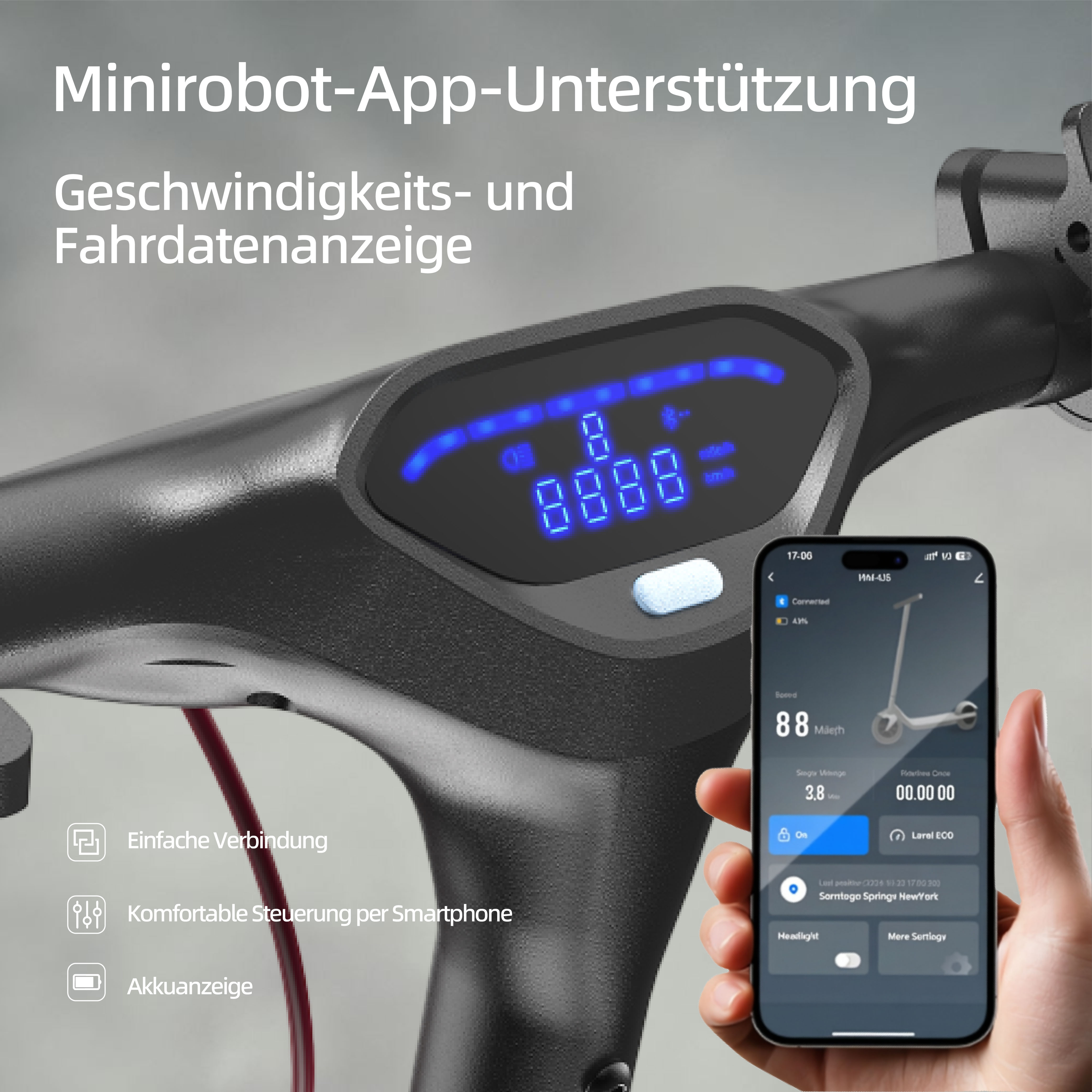 Elektroroller-Display mit App-Anzeige zeigt Geschwindigkeit und Akkustand.
