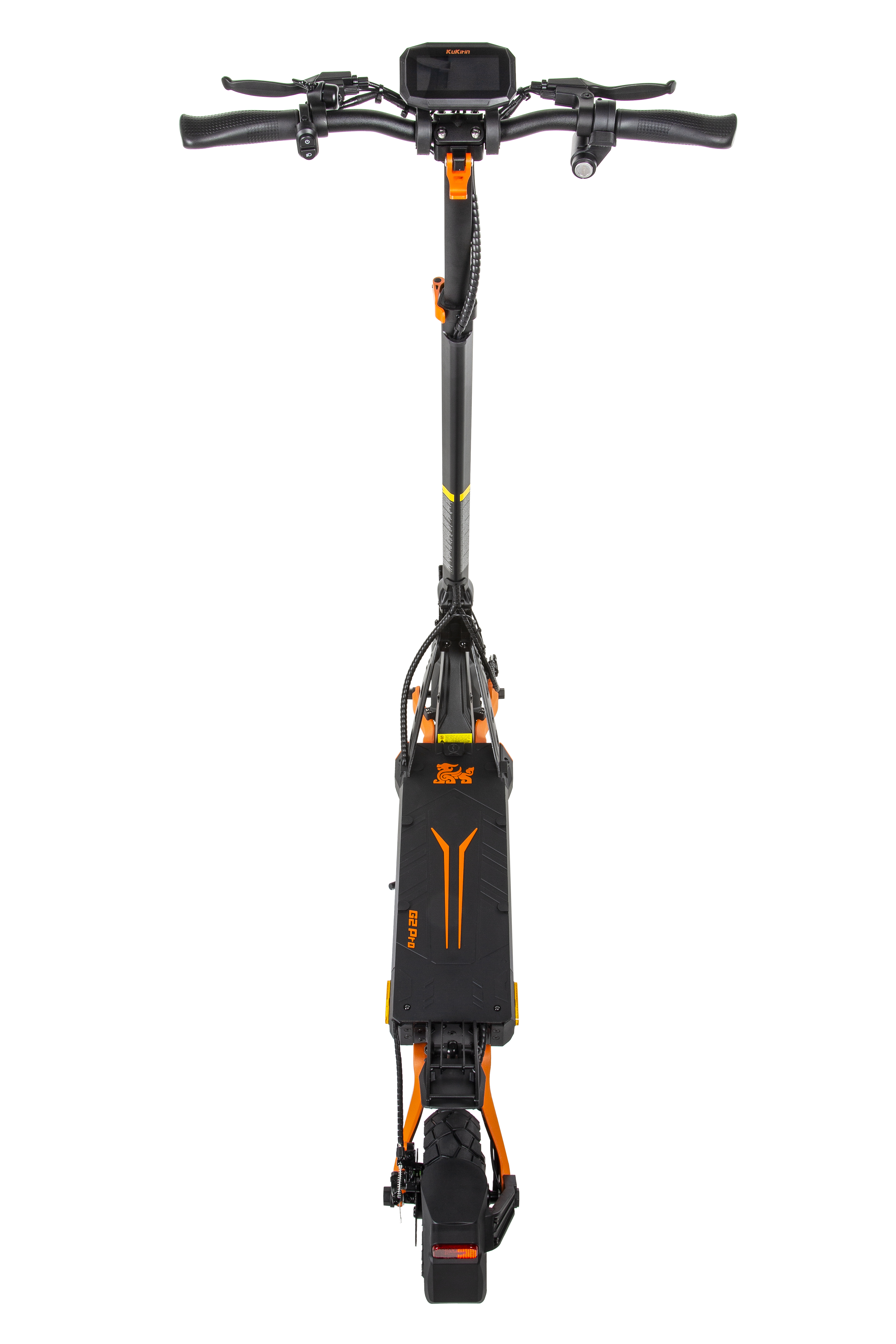 Schwarzer Elektroroller mit orangefarbenen Akzenten, Vorderansicht.