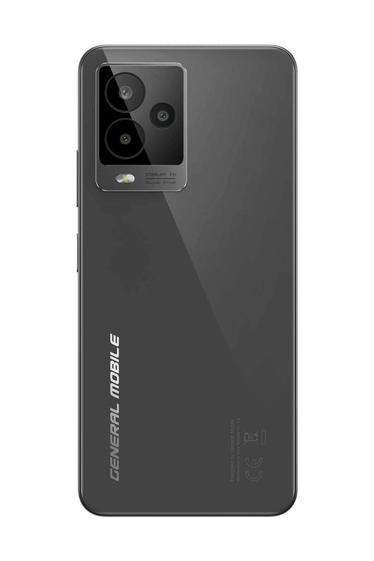 108MP AI Super Pixel kameraya sahip gri akıllı telefonun arkası.