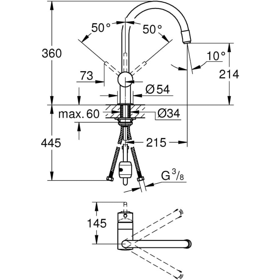 Disegno tecnico di un rubinetto con dimensioni e angoli.