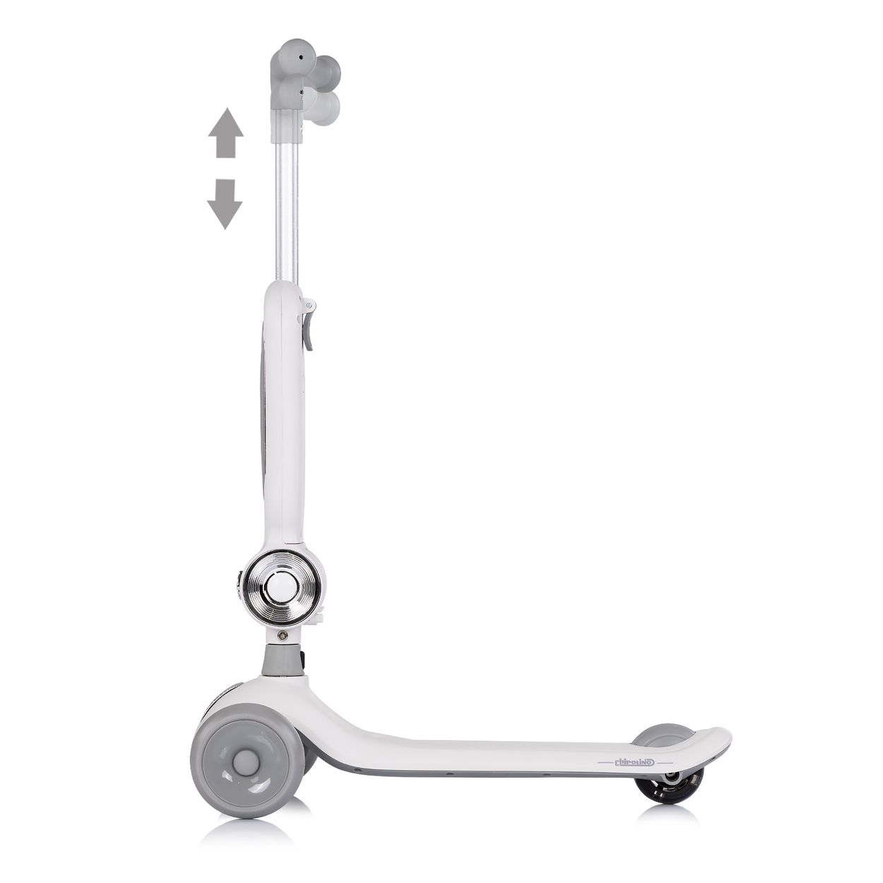 Ein weiß-grauer Kinderroller mit zwei Rädern und verstellbarem Lenker.