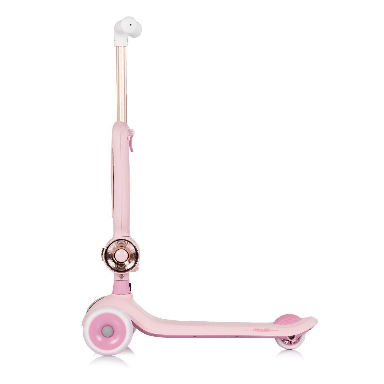Ein rosafarbener Roller mit drei Rädern und verstellbarem Lenker.