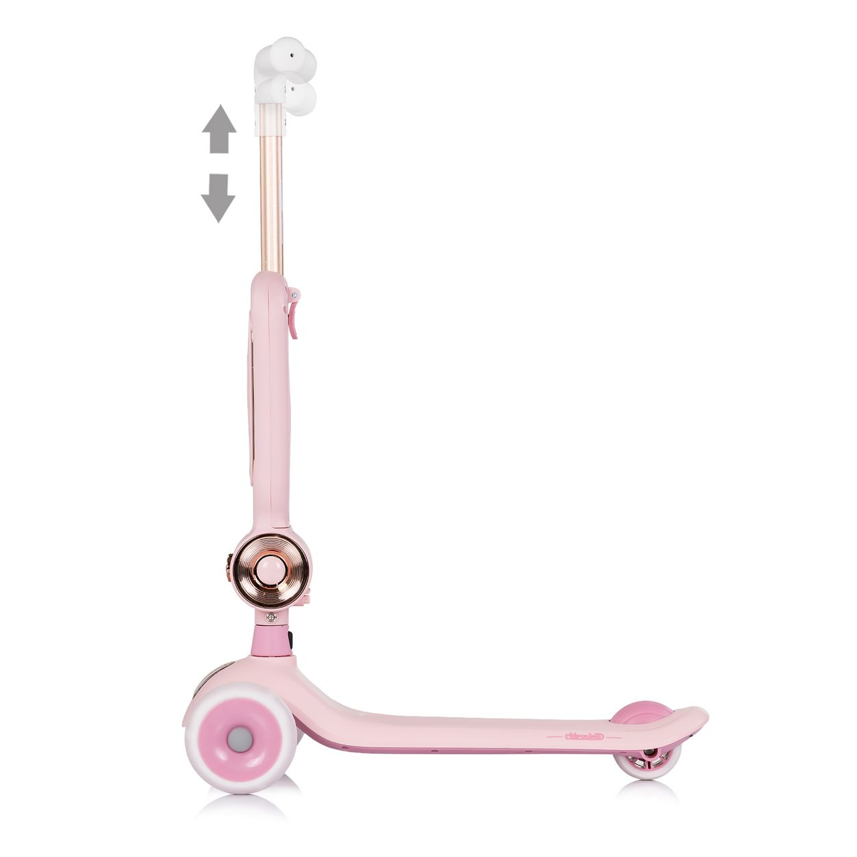 Rosa Roller mit drei Rädern, verstellbarem Lenker und roségoldenen Akzenten.