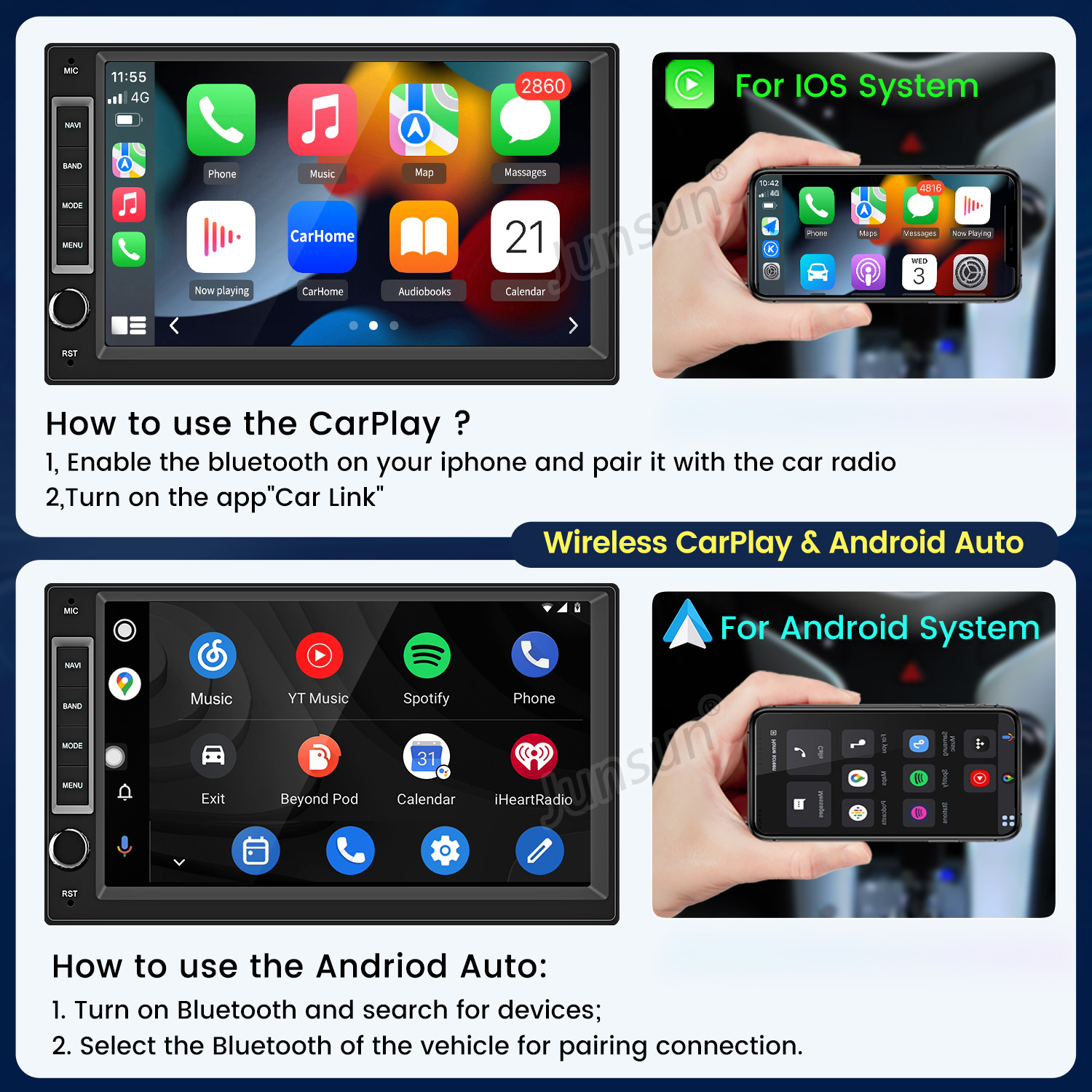 Ekran pokazujący CarPlay i Android Auto z instrukcjami.
