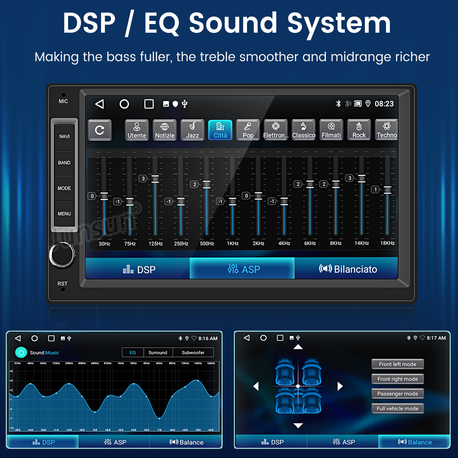 System DSP/EQ z suwakami korektora, wyświetlaczem częstotliwości i opcjami dźwięku pojazdu.