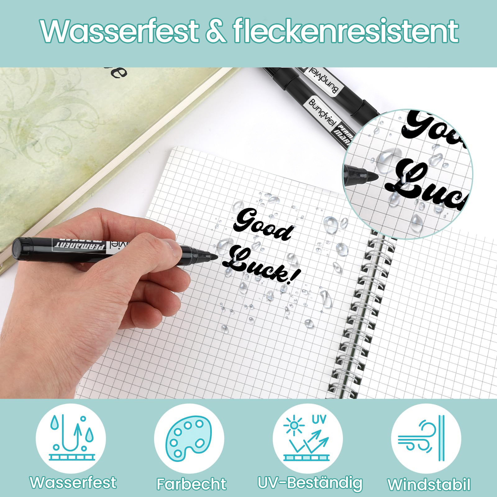 Ein Stift schreibt "Good Luck!" auf ein kariertes Notizbuch. Wassertropfen sind zu sehen.