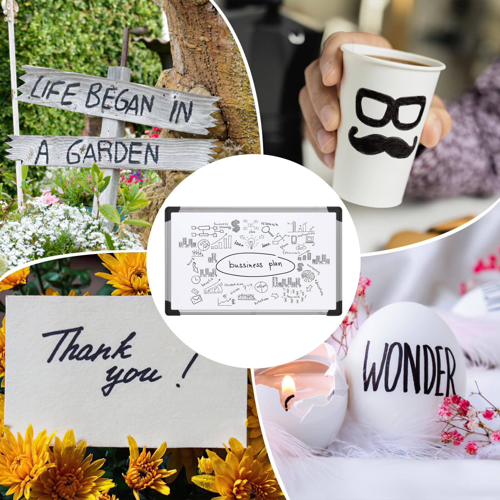 Collage: Gartenschild, Kaffeetasse, Geschäftsideen-Whiteboard, Dankeskarte, Ei.