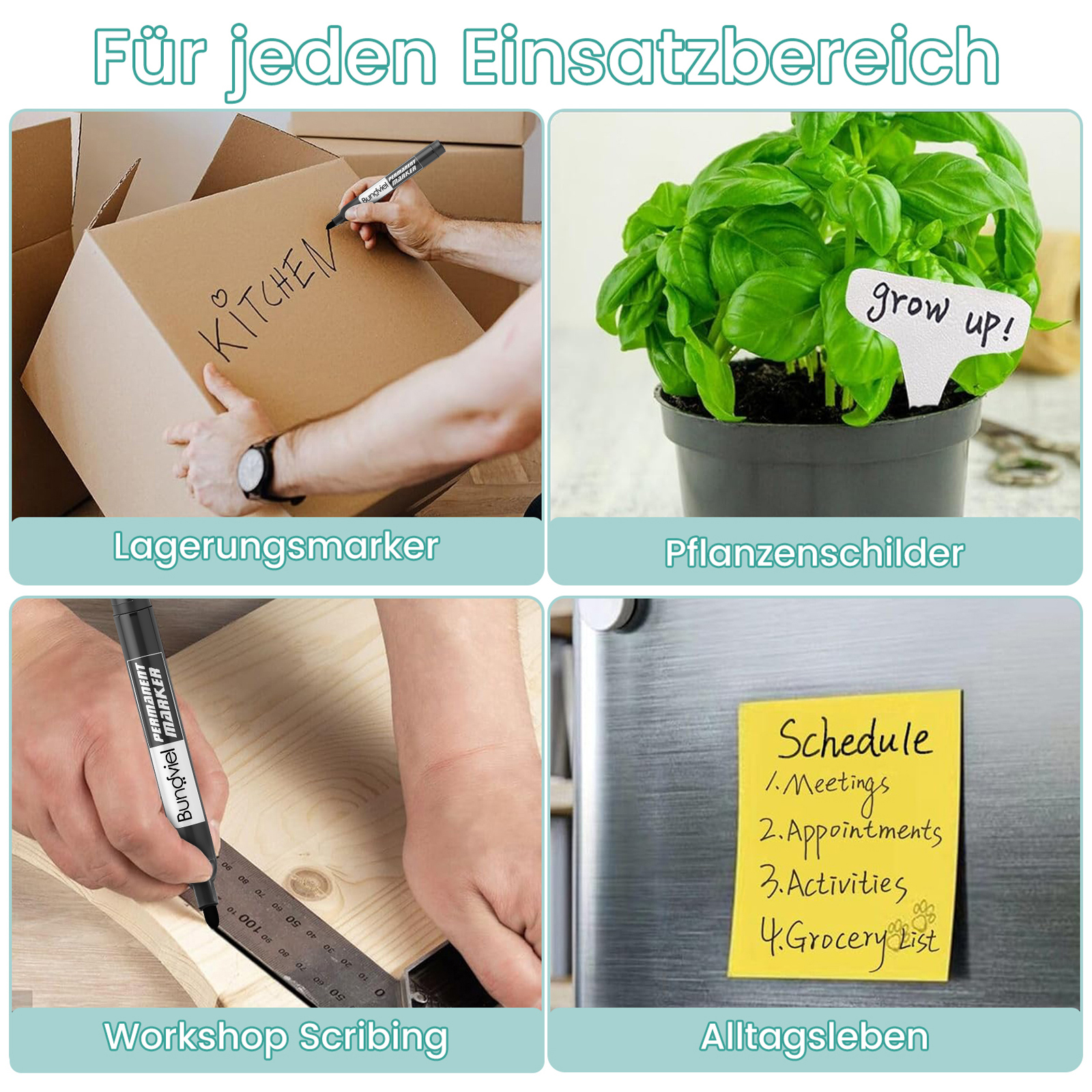 Quad-Split-Bild: Marker beschriftet Karton, Pflanze mit Schild, Holz bearbeiten, Notiz an Kühlschrank.
