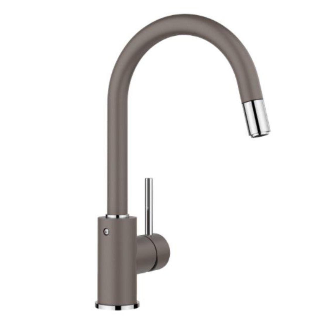 Rubinetto da cucina grigio con beccuccio girevole e accenti cromati.