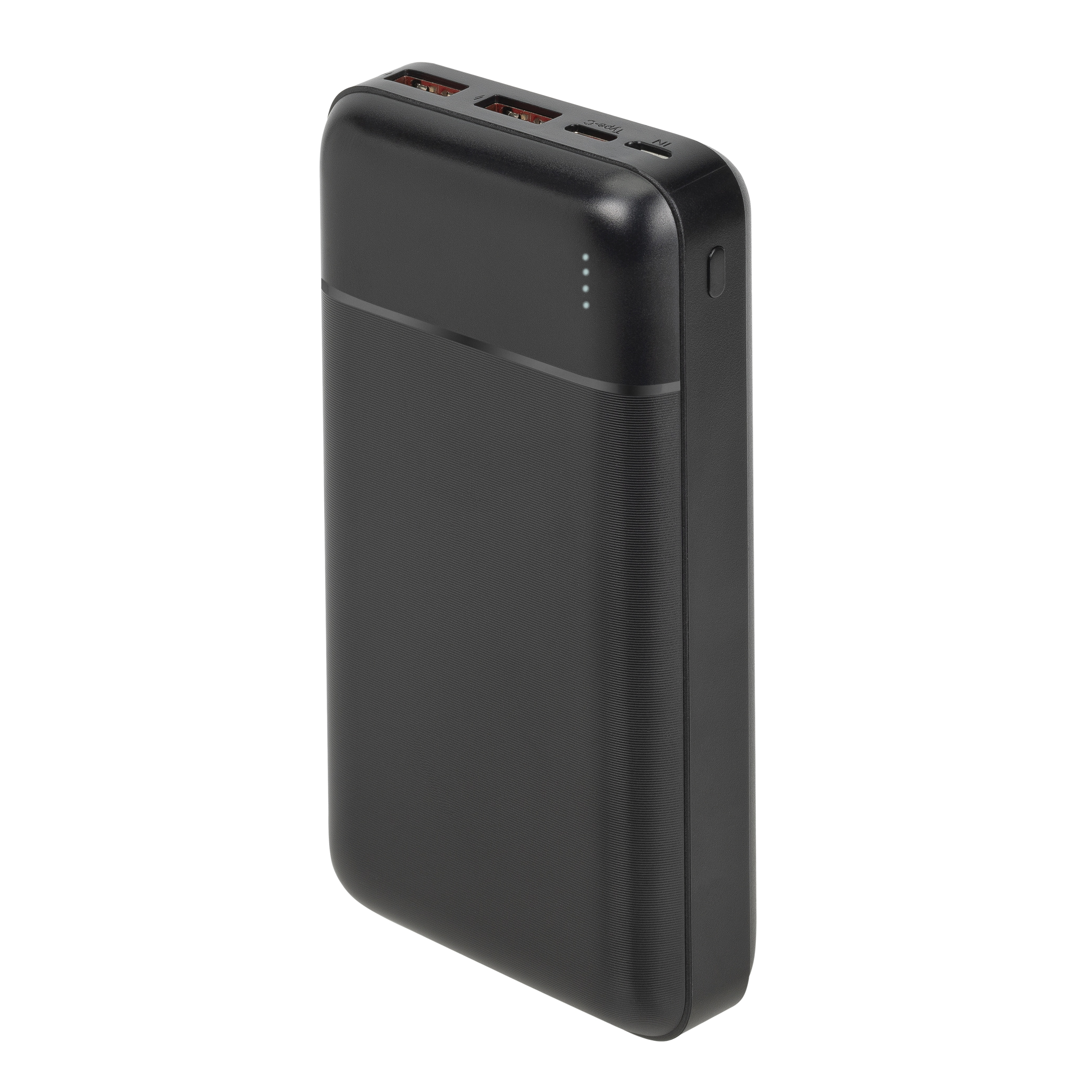 Czarny, prostokątny power bank z teksturowanymi bokami i portami ładowania.