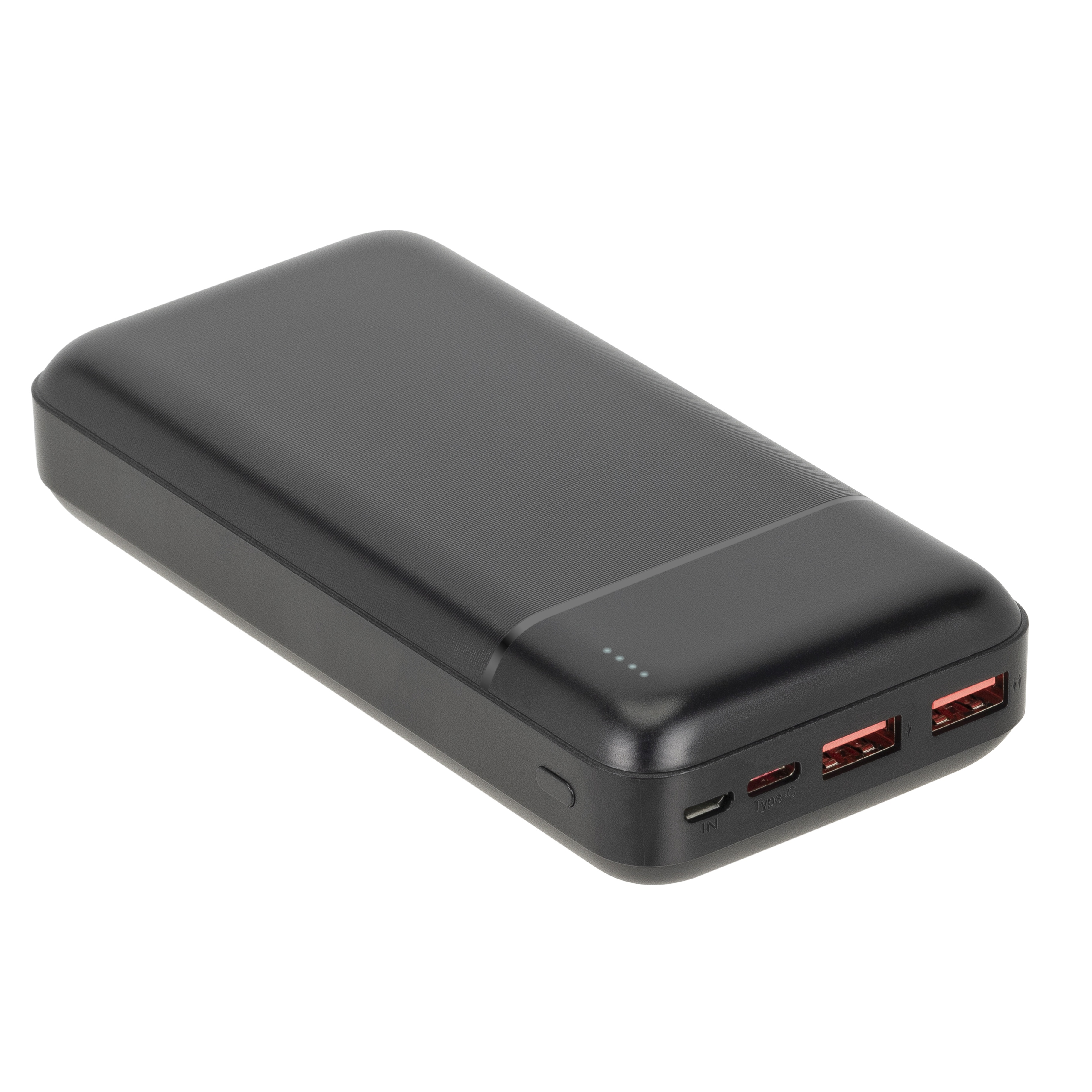 Czarny power bank z dwoma portami USB-A i jednym USB-C, cztery diody LED.